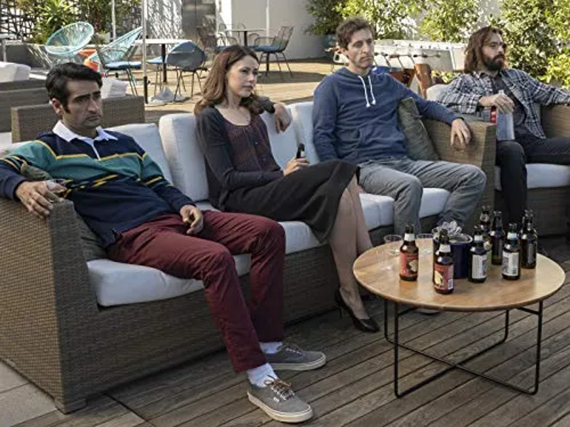 Martin Starr, Amanda Crew, Thomas Middleditch, and Kumail Nanjiani in Silicon Valley: Exit Event (2019)