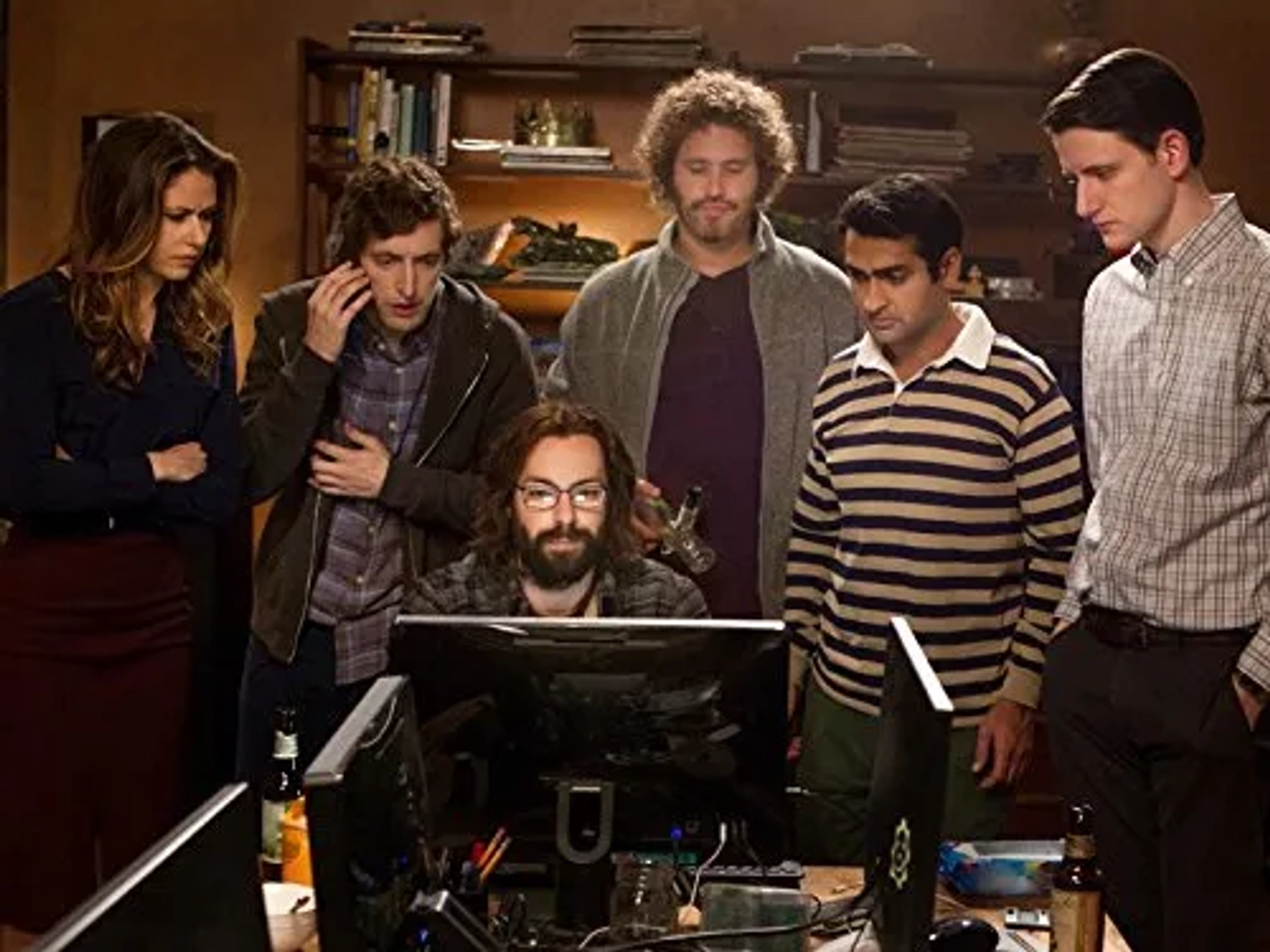 Martin Starr, Amanda Crew, Zach Woods, T.J. Miller, Thomas Middleditch, and Kumail Nanjiani in Silicon Valley (2014)