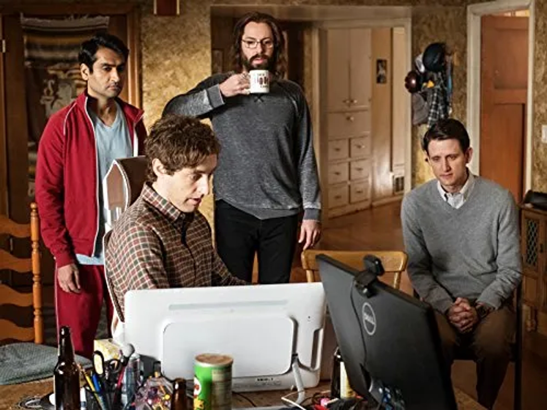 Martin Starr, Zach Woods, Thomas Middleditch, and Kumail Nanjiani in Silicon Valley (2014)