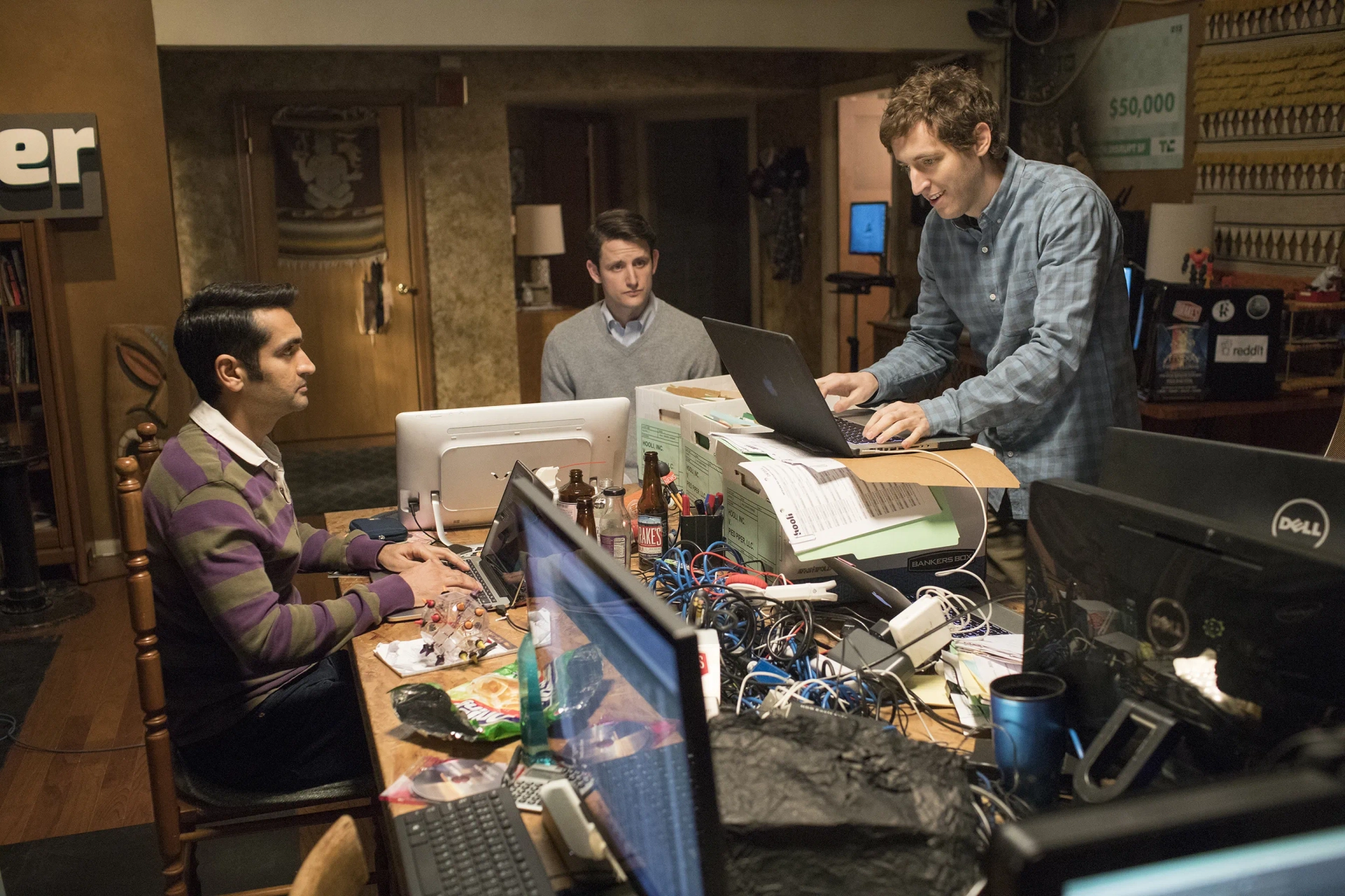 Zach Woods, Thomas Middleditch, and Kumail Nanjiani in Silicon Valley (2014)