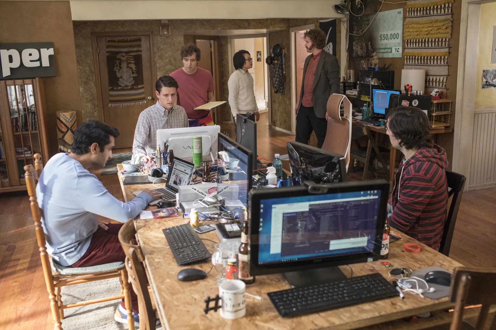 Zach Woods, T.J. Miller, Thomas Middleditch, Josh Brener, Kumail Nanjiani, and Jimmy O. Yang in Silicon Valley (2014)