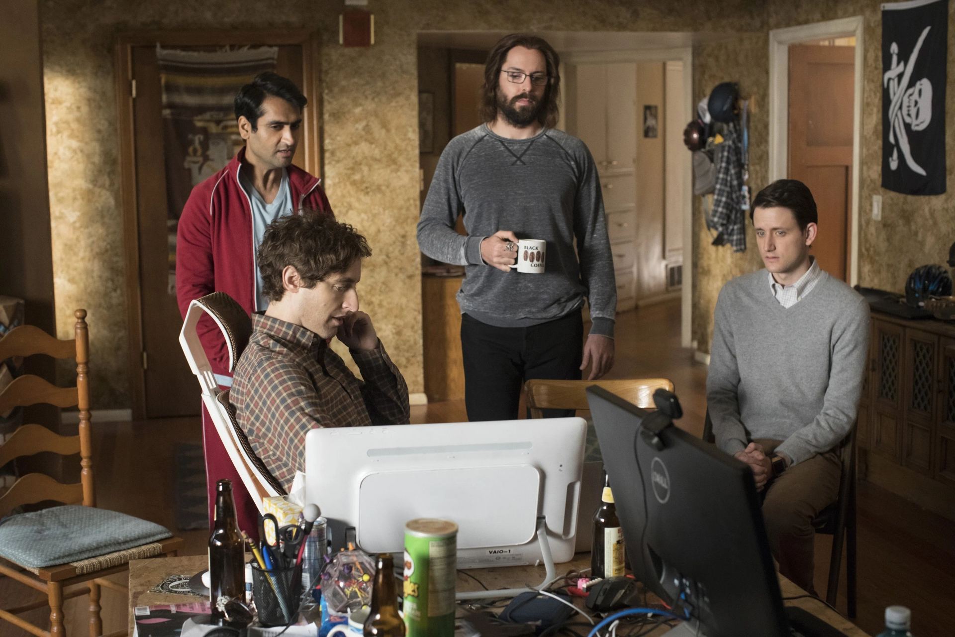 Martin Starr, Zach Woods, Thomas Middleditch, and Kumail Nanjiani in Silicon Valley (2014)