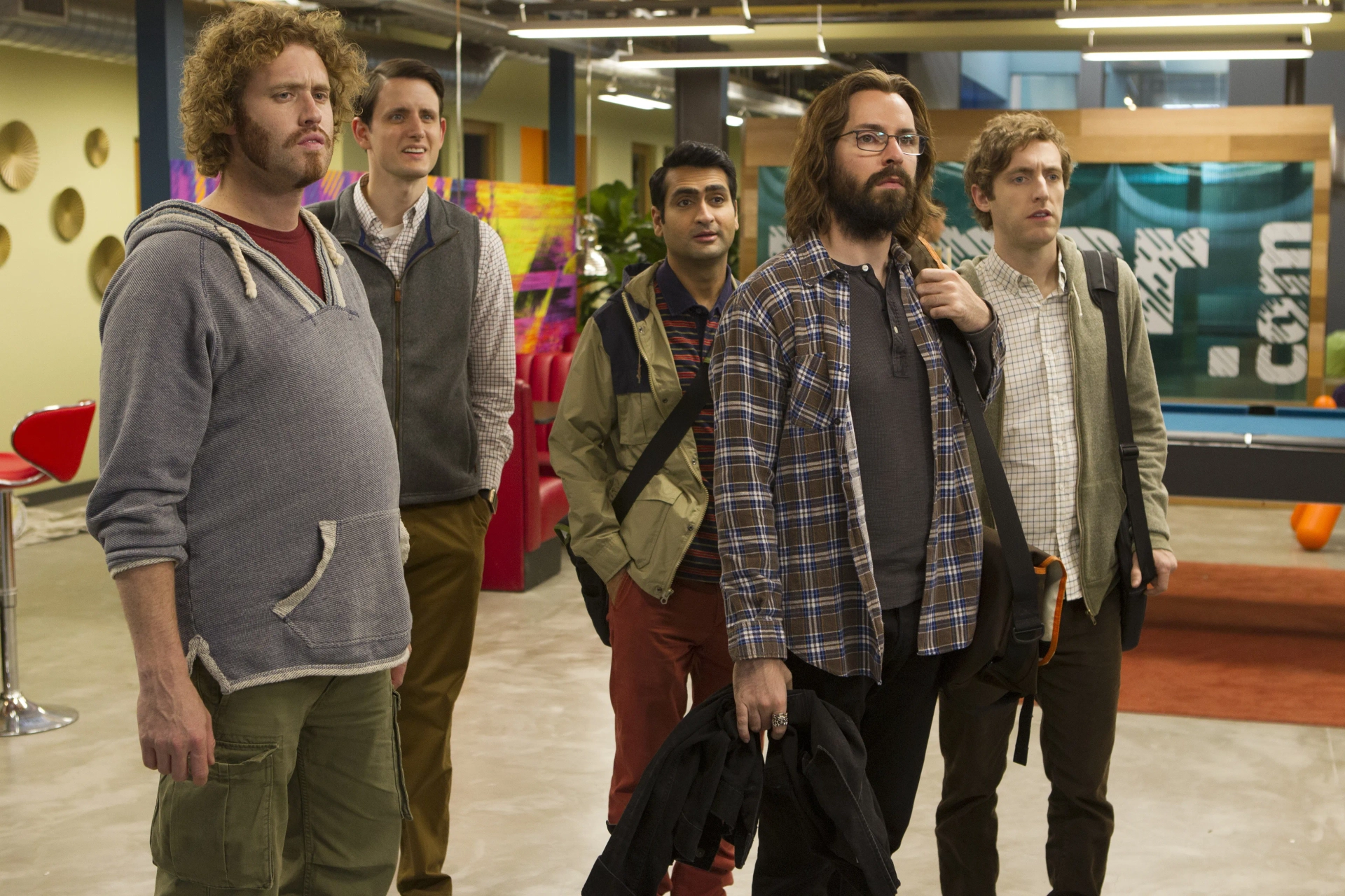 Martin Starr, Zach Woods, T.J. Miller, Thomas Middleditch, and Kumail Nanjiani in Silicon Valley (2014)