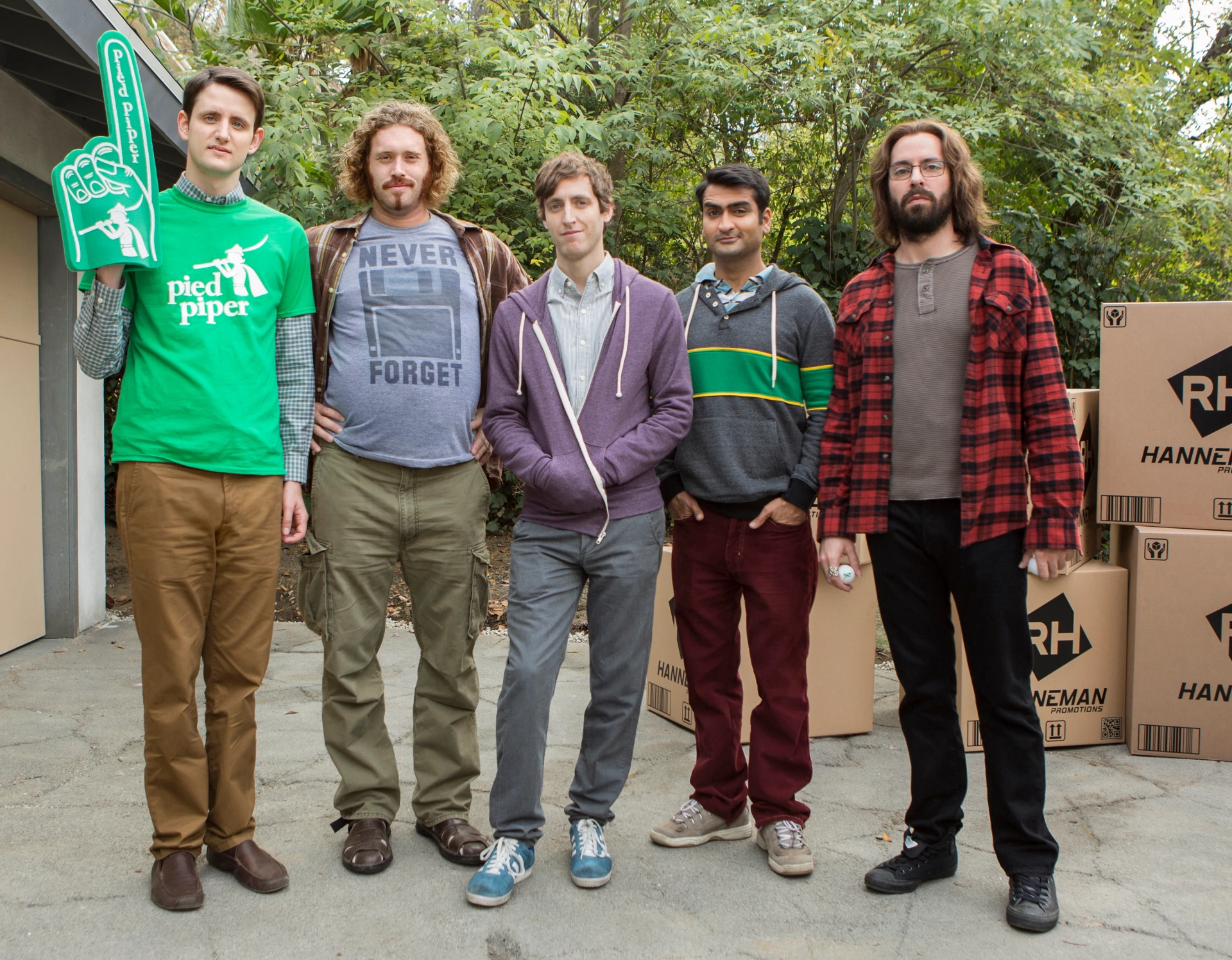 Martin Starr, Zach Woods, T.J. Miller, Thomas Middleditch, and Kumail Nanjiani in Silicon Valley (2014)