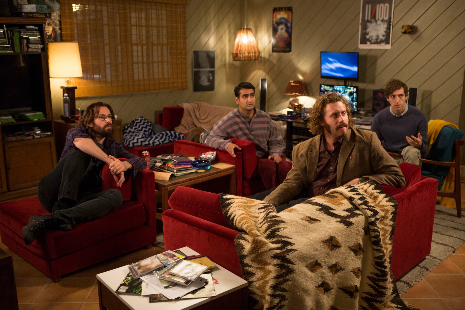 Martin Starr, T.J. Miller, Thomas Middleditch, and Kumail Nanjiani in Silicon Valley (2014)