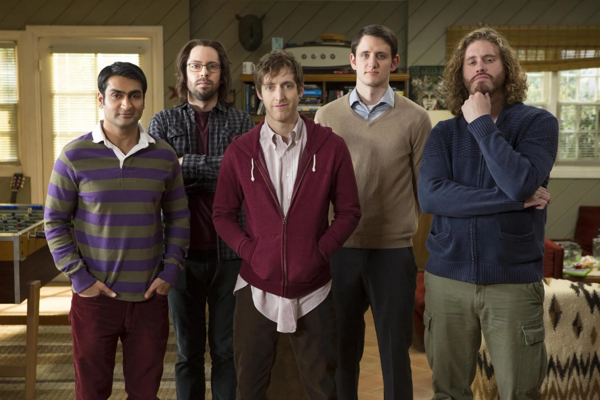 Martin Starr, Zach Woods, T.J. Miller, Thomas Middleditch, and Kumail Nanjiani in Silicon Valley (2014)