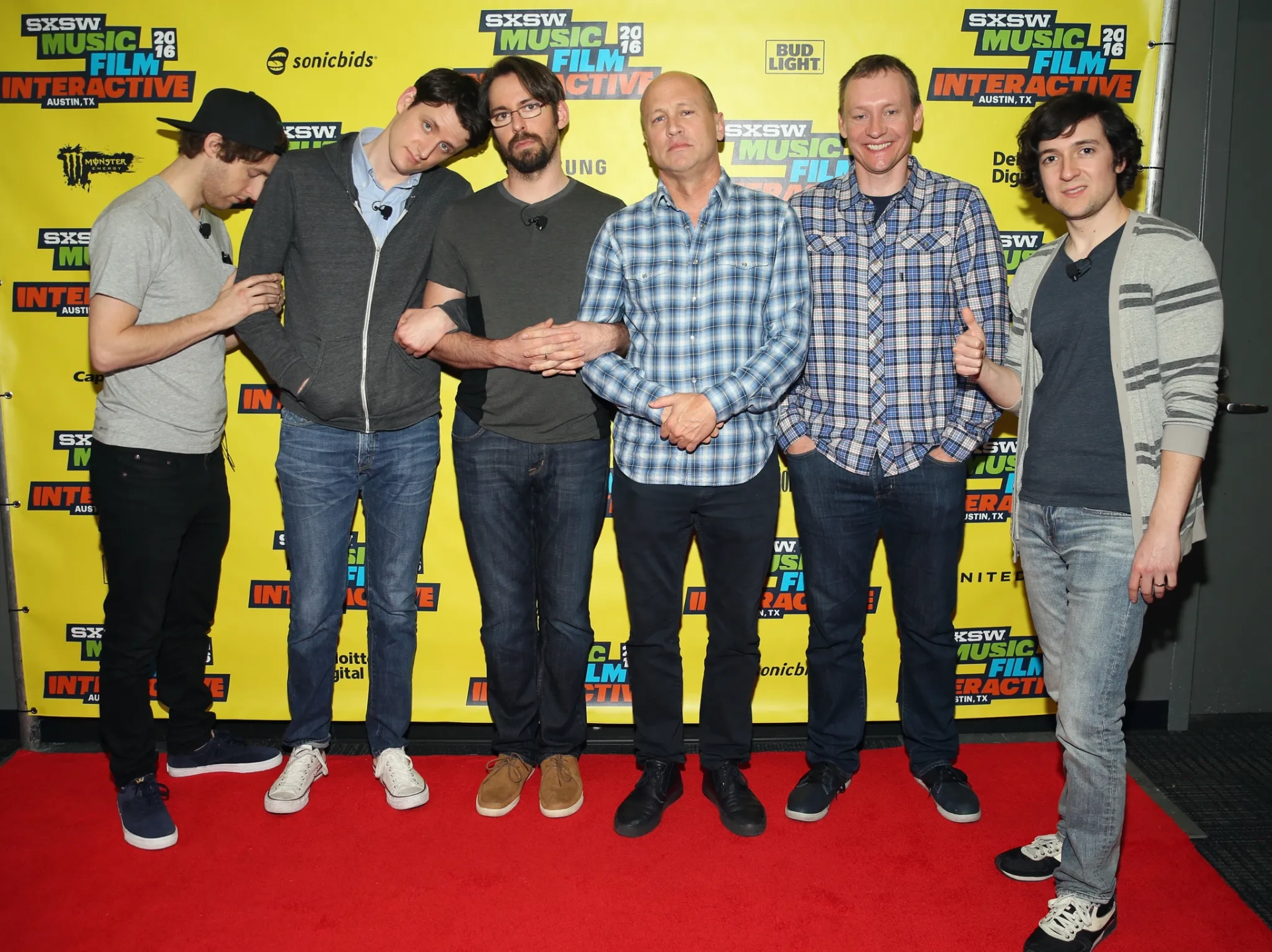 Alec Berg, Mike Judge, Martin Starr, Zach Woods, Thomas Middleditch, and Josh Brener at an event for Silicon Valley (2014)