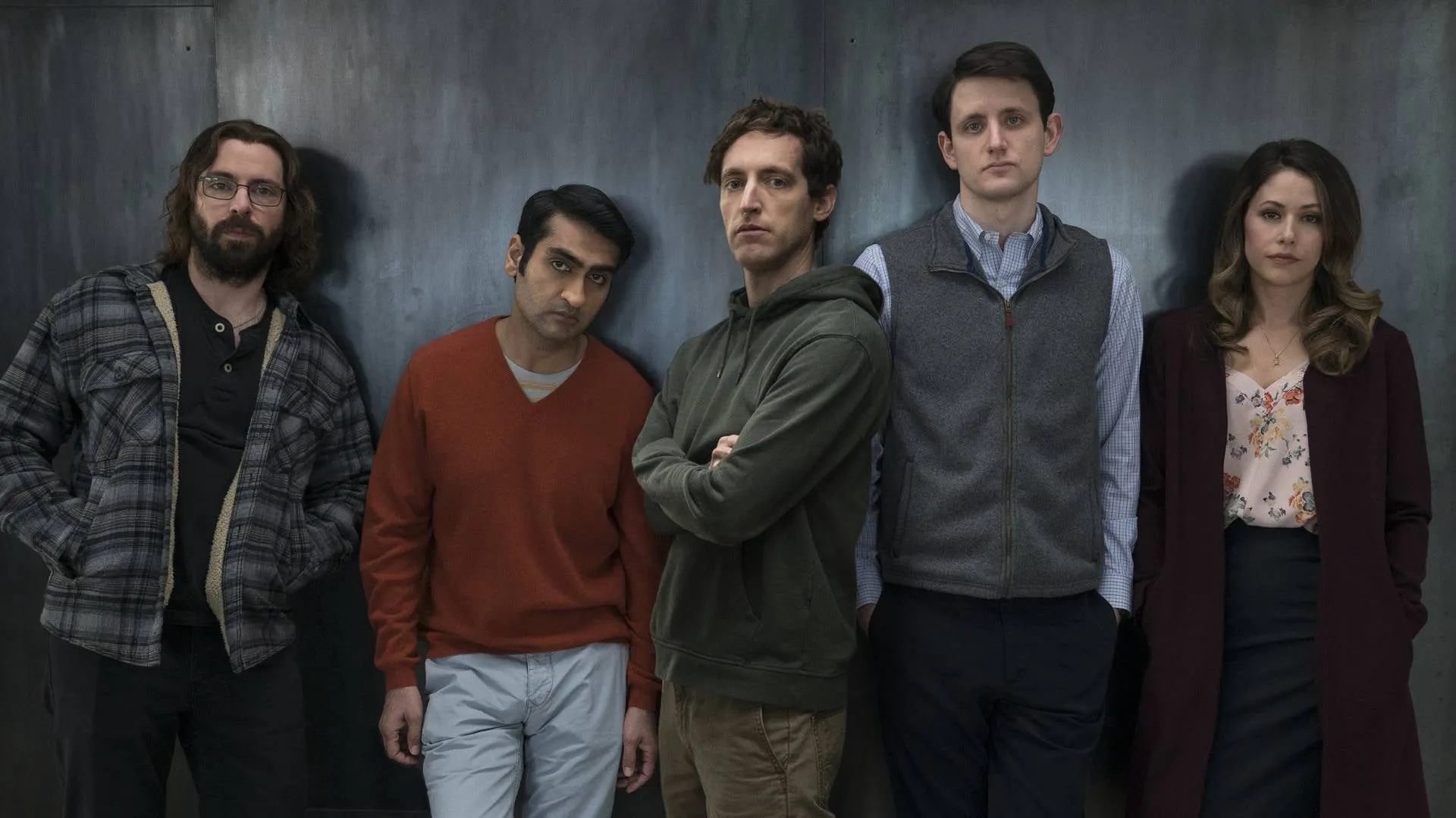 Martin Starr, Amanda Crew, Zach Woods, Thomas Middleditch, and Kumail Nanjiani in Silicon Valley (2014)