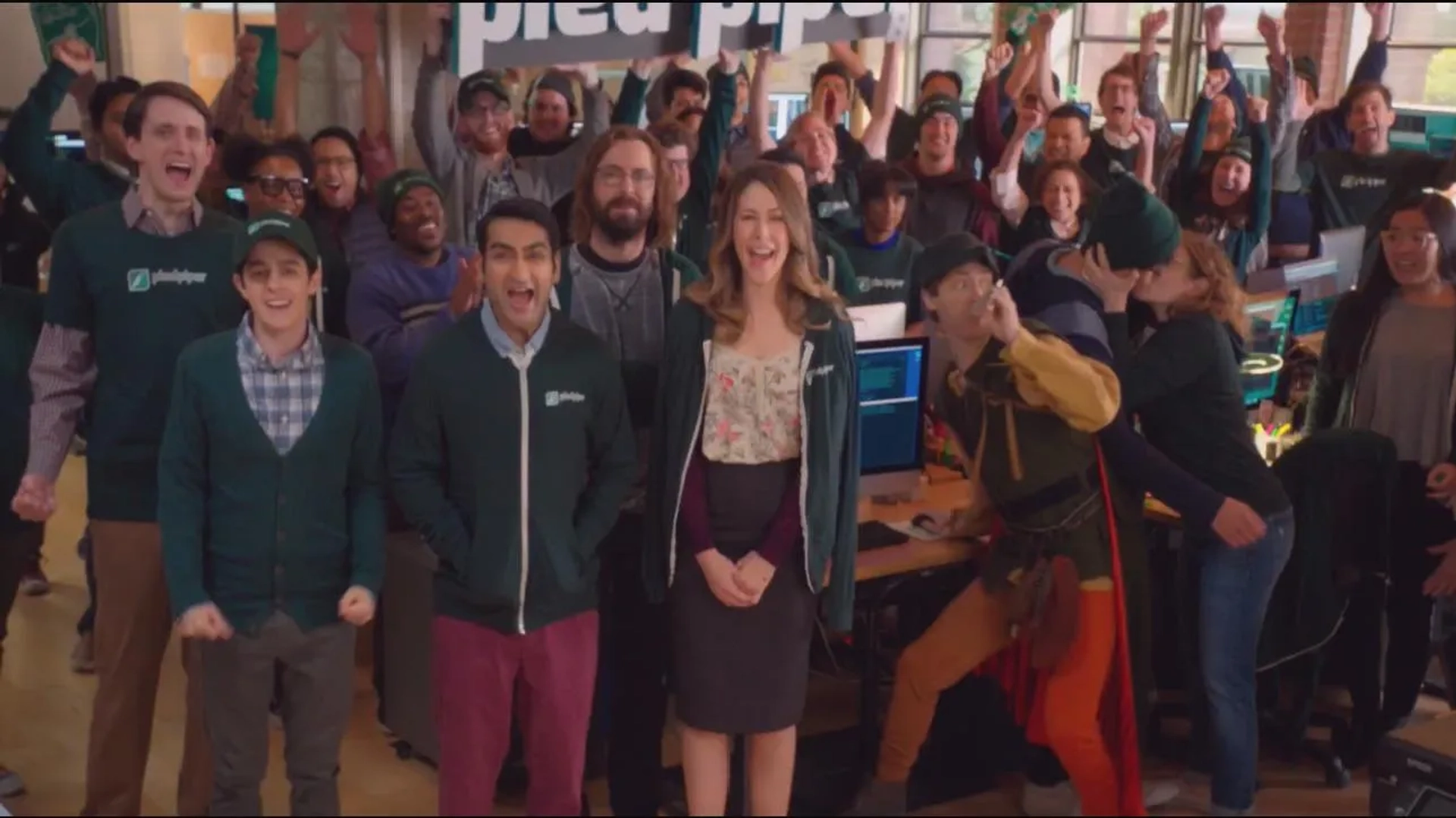 Martin Starr, Amanda Crew, Zach Woods, Thomas Middleditch, Rachel Rosenbloom, and Kumail Nanjiani in Silicon Valley (2014)