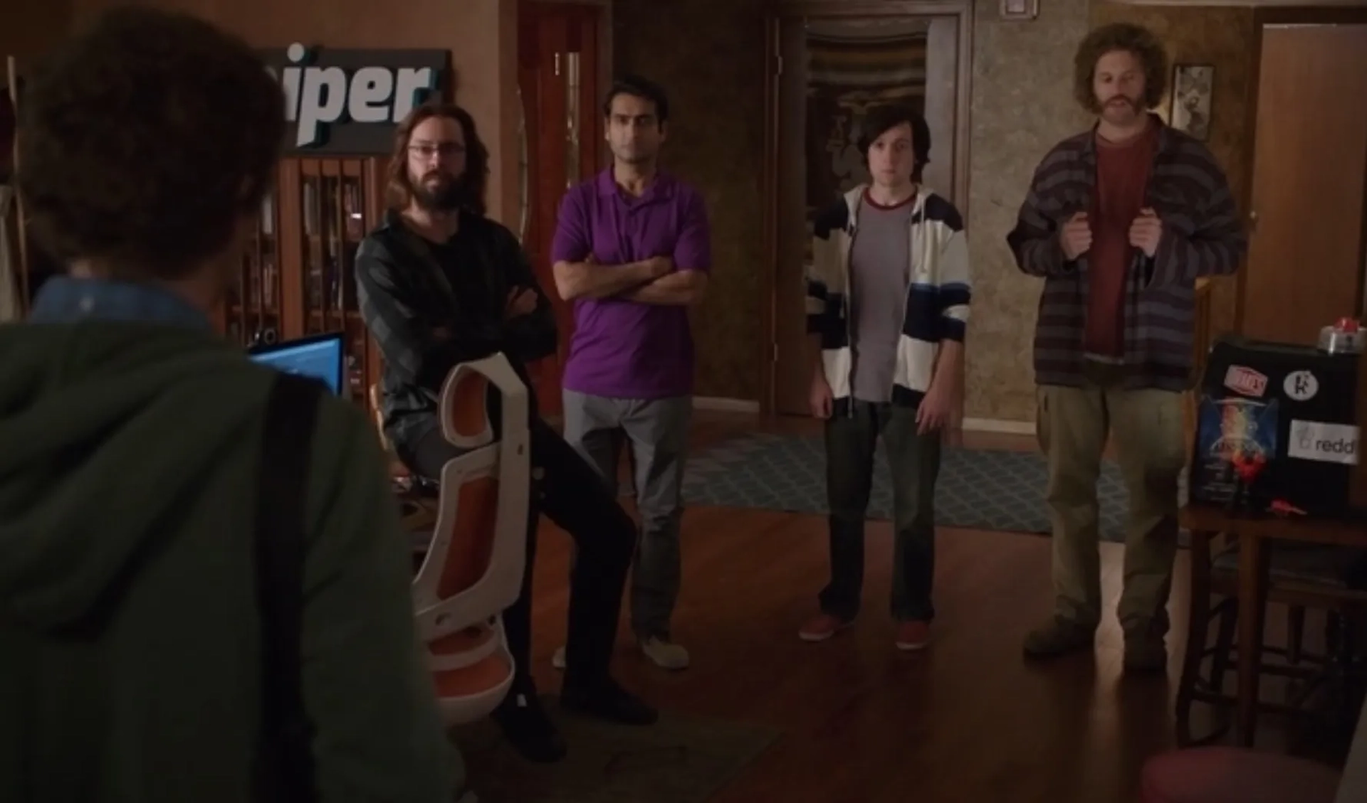 Martin Starr, T.J. Miller, Thomas Middleditch, Josh Brener, and Kumail Nanjiani in Silicon Valley (2014)