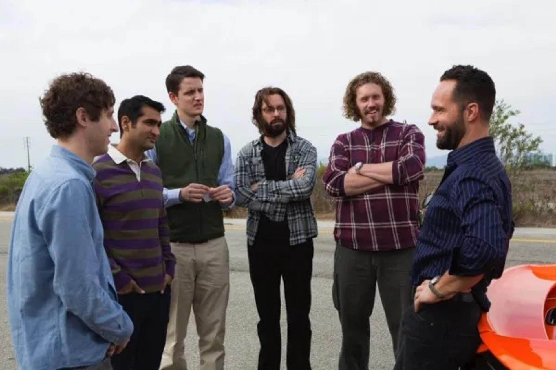 Chris Diamantopoulos, Martin Starr, Zach Woods, T.J. Miller, Thomas Middleditch, and Kumail Nanjiani in Silicon Valley (2014)