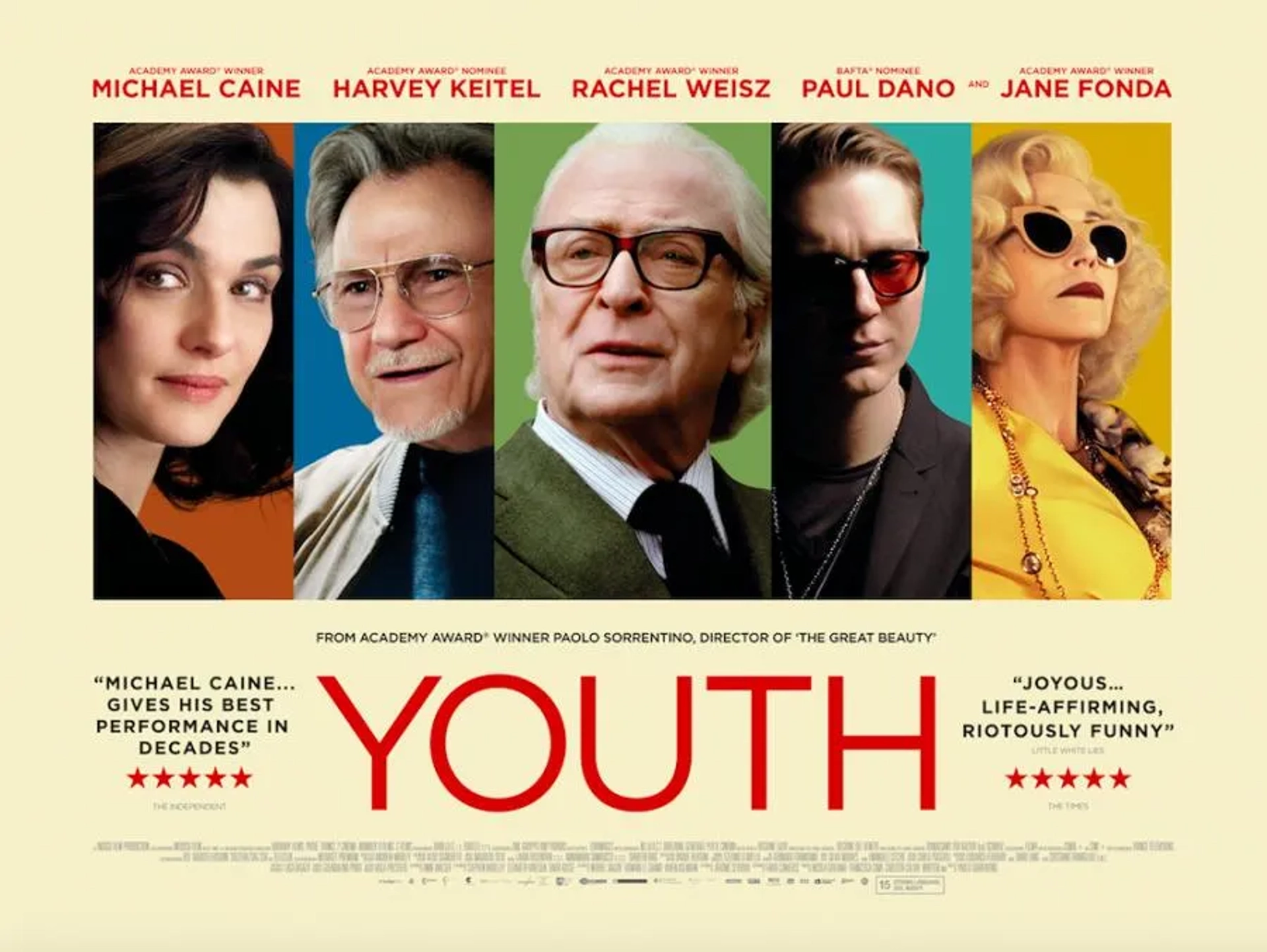 Harvey Keitel, Michael Caine, Jane Fonda, Rachel Weisz, and Paul Dano in Youth (2015)