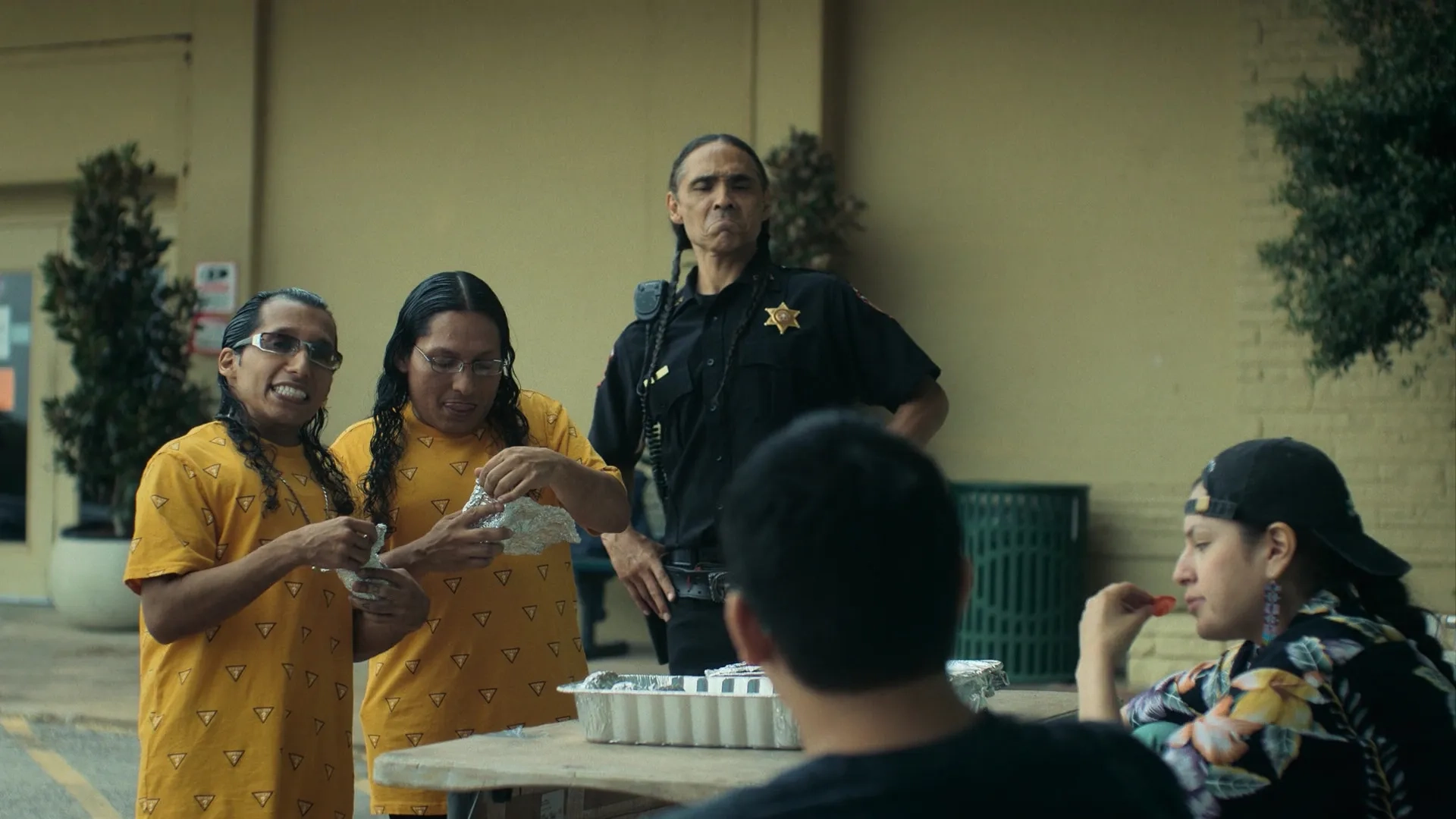 Zahn McClarnon, Paulina Alexis, Lane Factor, Funny Bone, and Lil Mike in Reservation Dogs (2021)
