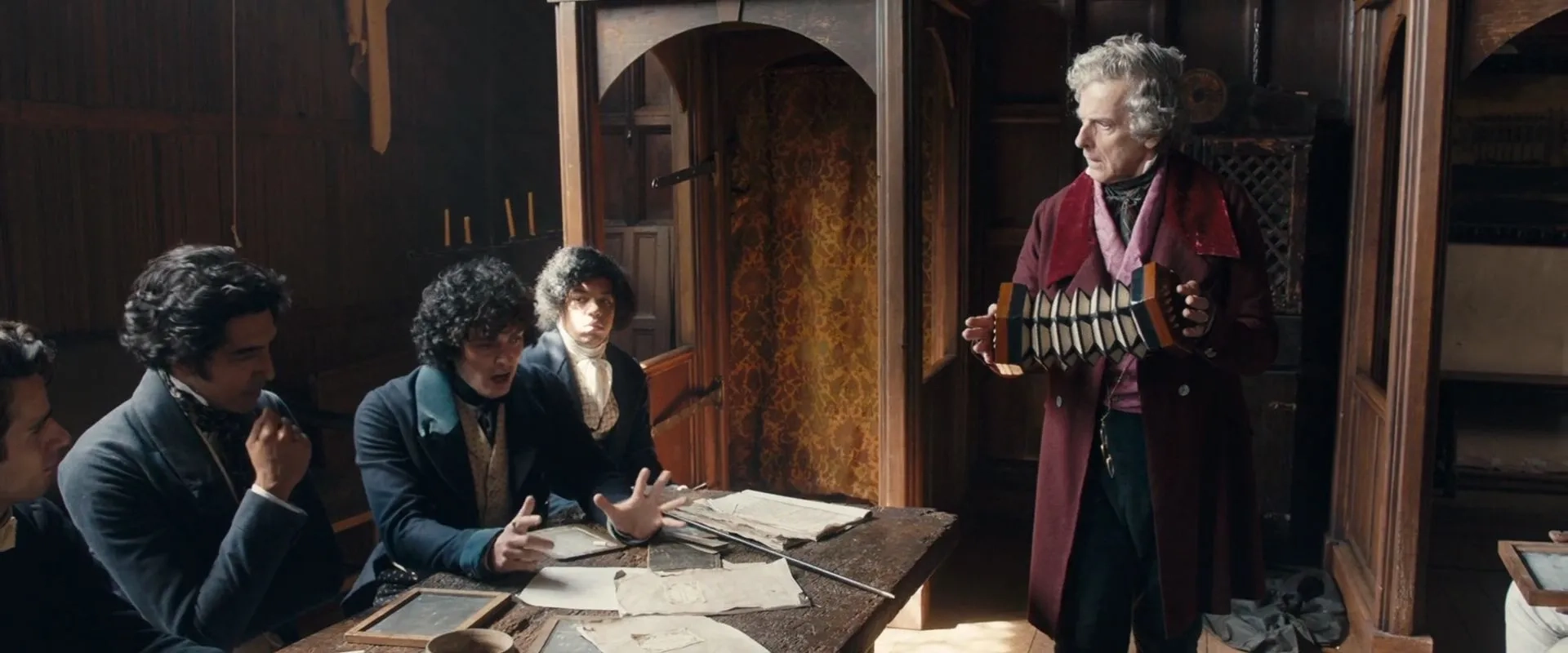 Peter Capaldi, Dev Patel, and Aneurin Barnard in The Personal History of David Copperfield (2019)