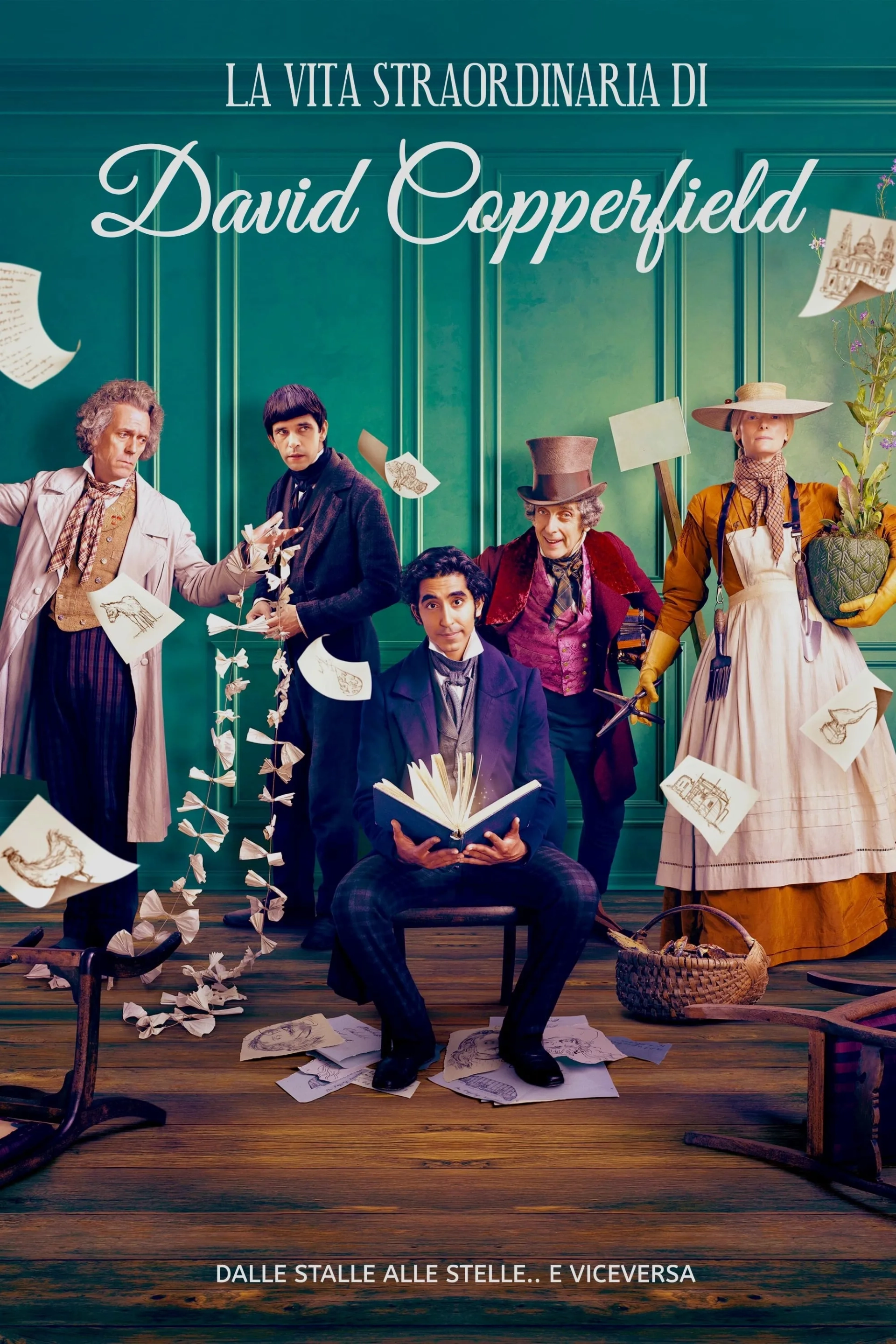 Peter Capaldi, Hugh Laurie, Tilda Swinton, Ben Whishaw, and Dev Patel in The Personal History of David Copperfield (2019)