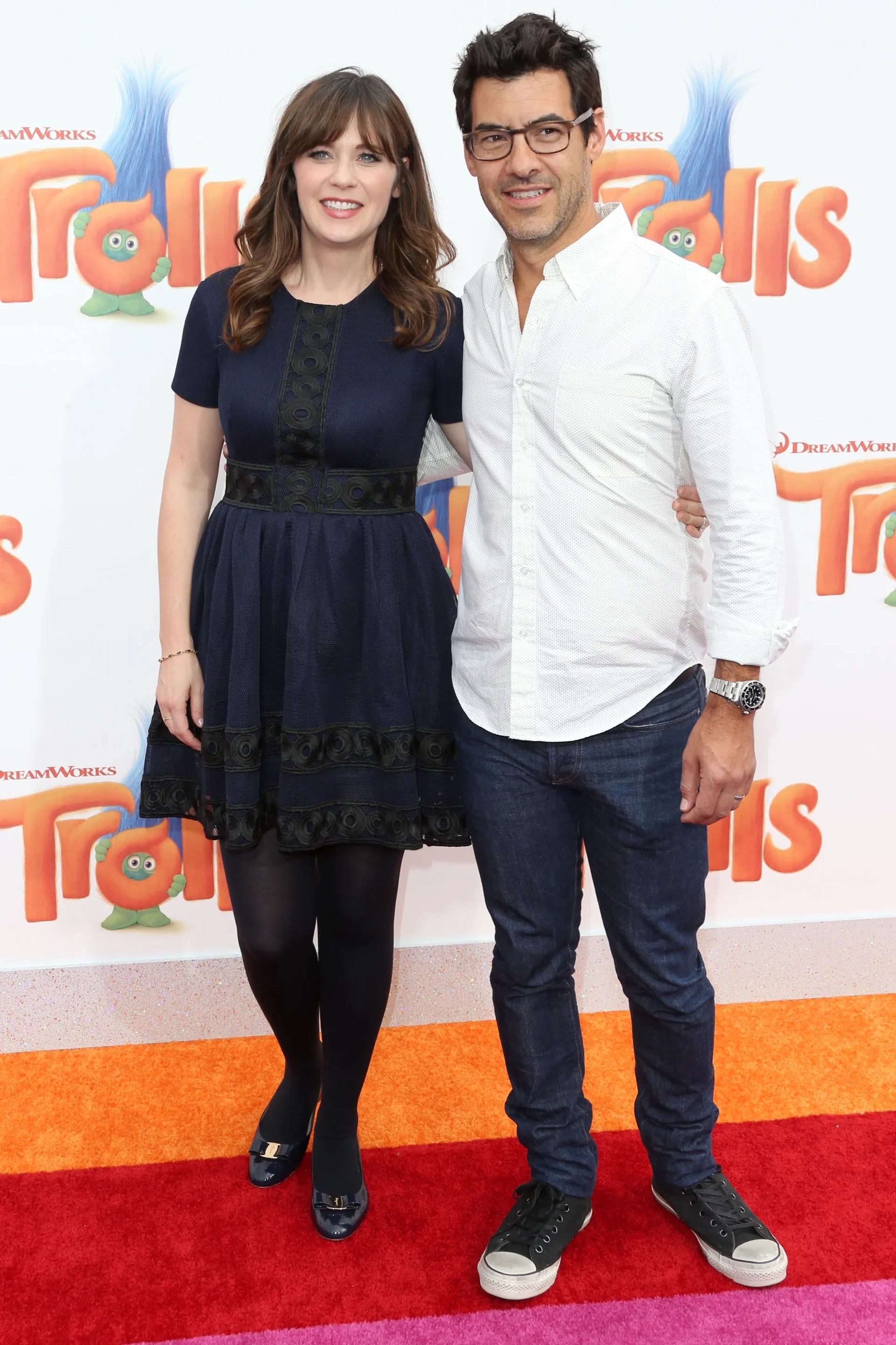 Zooey Deschanel, Jacob Pechenik, and Frederick M. Brown at an event for Trolls (2016)