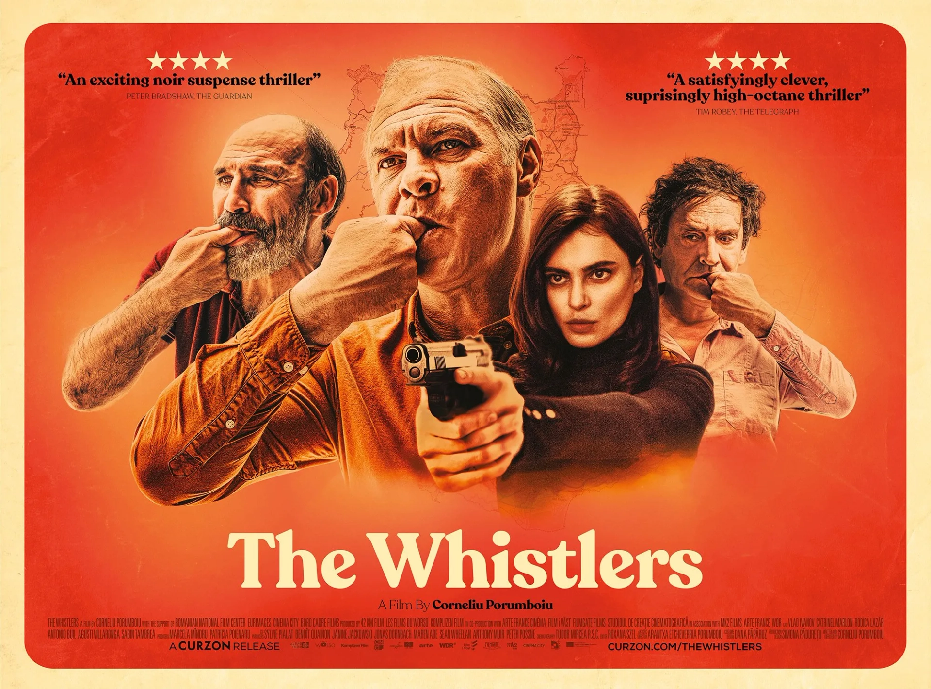 Vlad Ivanov, Cristóbal Pinto, and Catrinel Marlon in The Whistlers (2019)