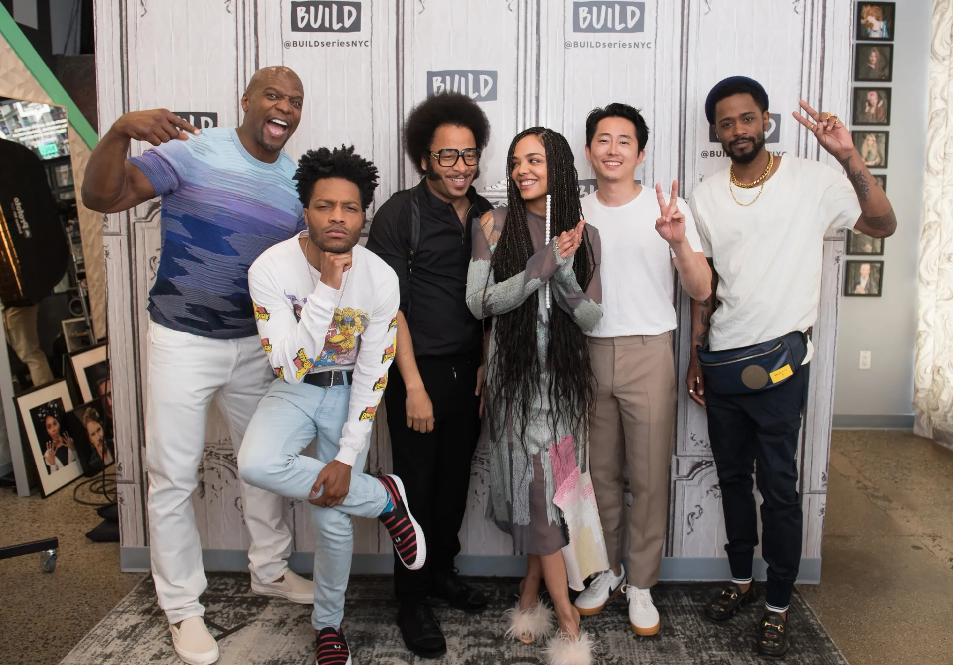 Terry Crews, Boots Riley, Jermaine Fowler, Tessa Thompson, Steven Yeun, and LaKeith Stanfield at an event for Sorry to Bother You (2018)