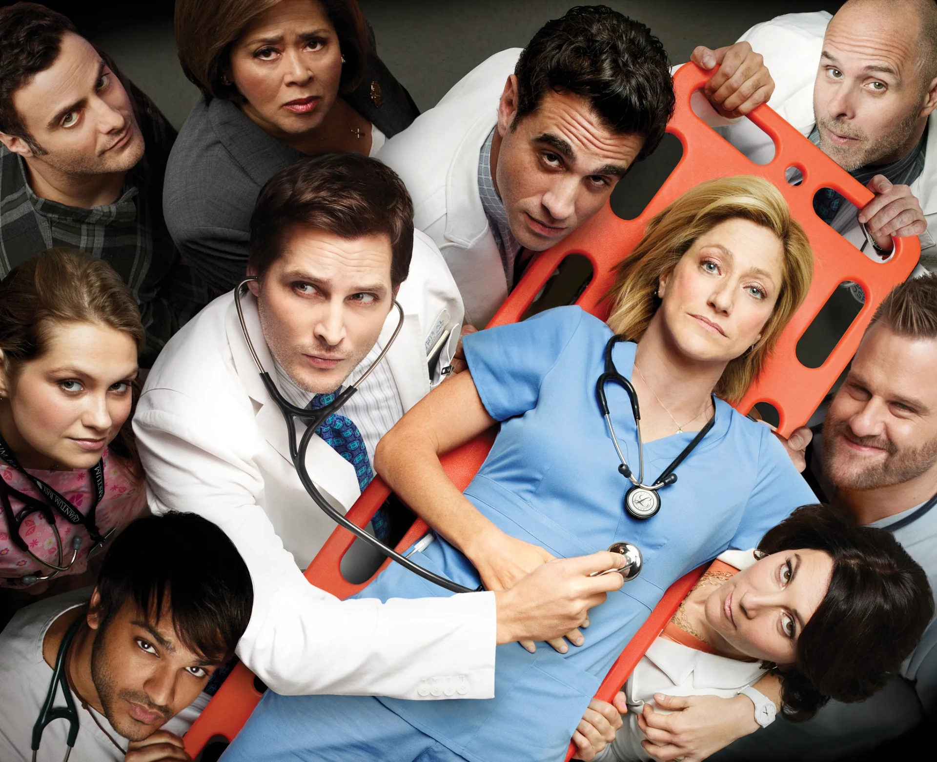 Peter Facinelli, Edie Falco, Eve Best, Bobby Cannavale, Paul Schulze, Anna Deavere Smith, Merritt Wever, Dominic Fumusa, Arjun Gupta, and Stephen Wallem in Nurse Jackie (2009)