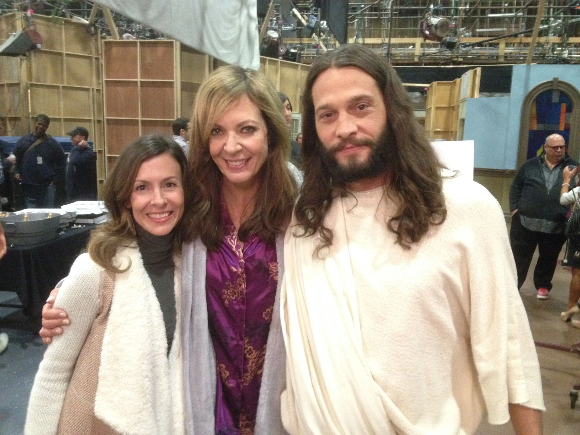 Etienne Eckert, Allison Janney, and John Charles Meyer on the set of the CBS show "Mom."