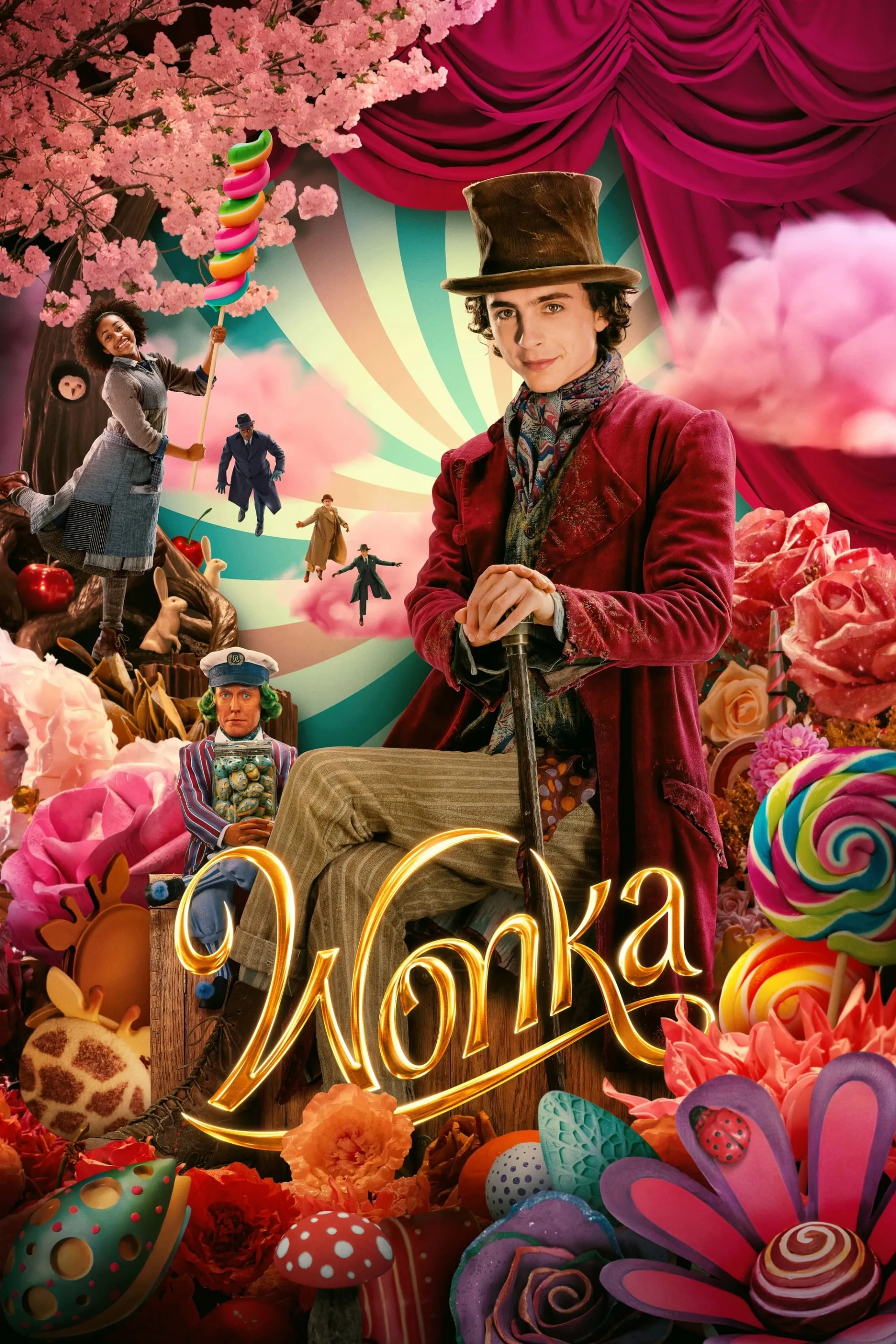 Hugh Grant, Paterson Joseph, Matt Lucas, Mathew Baynton, Timothée Chalamet, and Calah Lane in Wonka (2023)