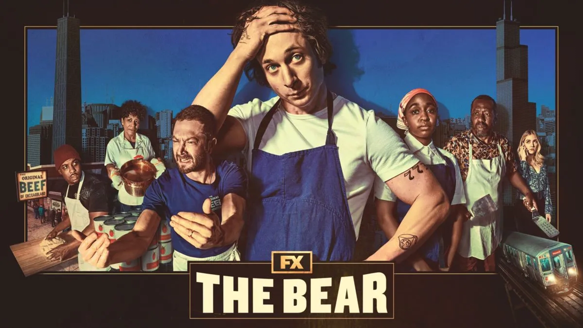 Ebon Moss-Bachrach, Liza Colón-Zayas, Jeremy Allen White, Abby Elliott, Edwin Lee Gibson, Lionel Boyce, and Ayo Edebiri in The Bear (2022)