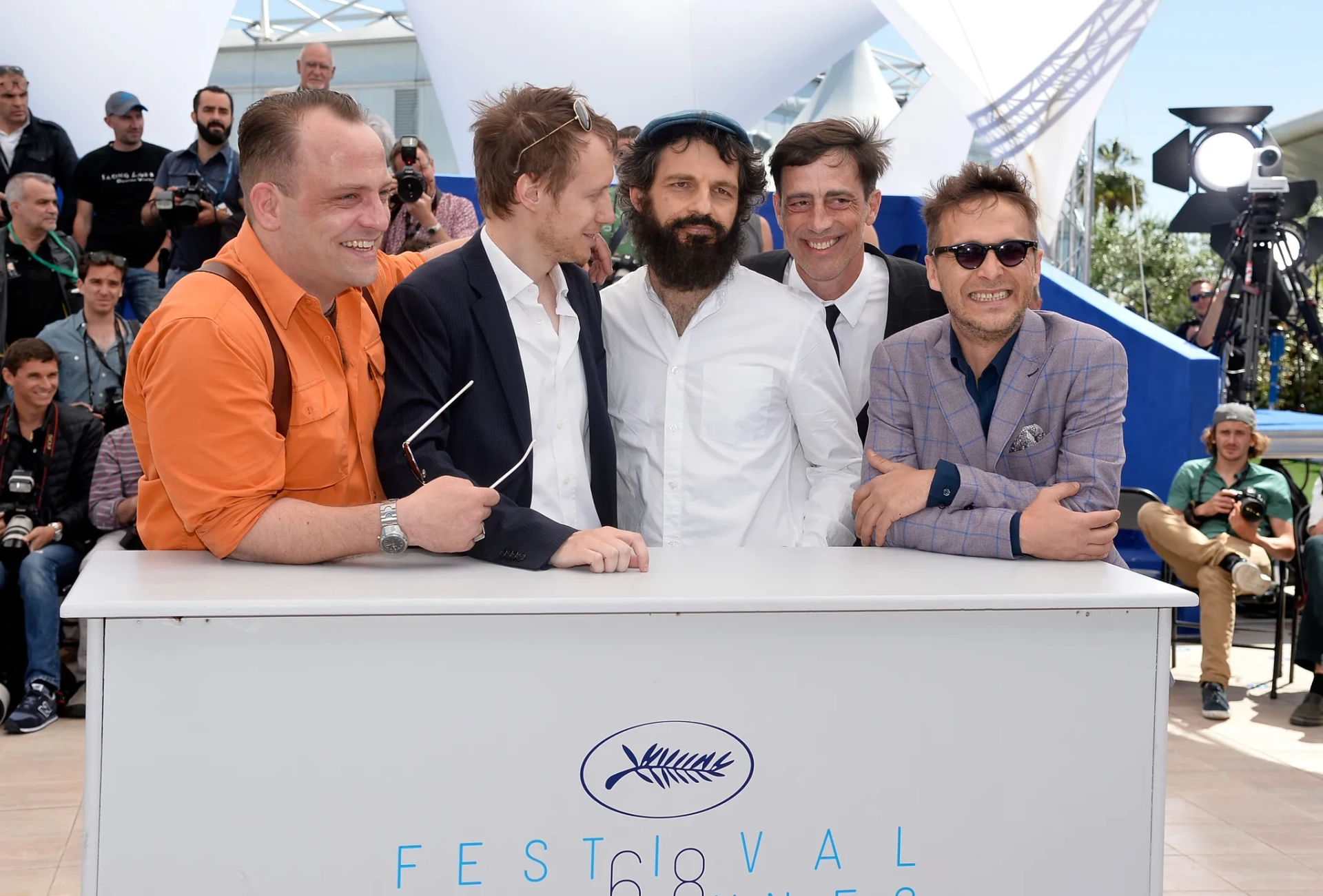 Urs Rechn, Todd Charmont, László Nemes, Géza Röhrig, and Levente Molnár at an event for Son of Saul (2015)