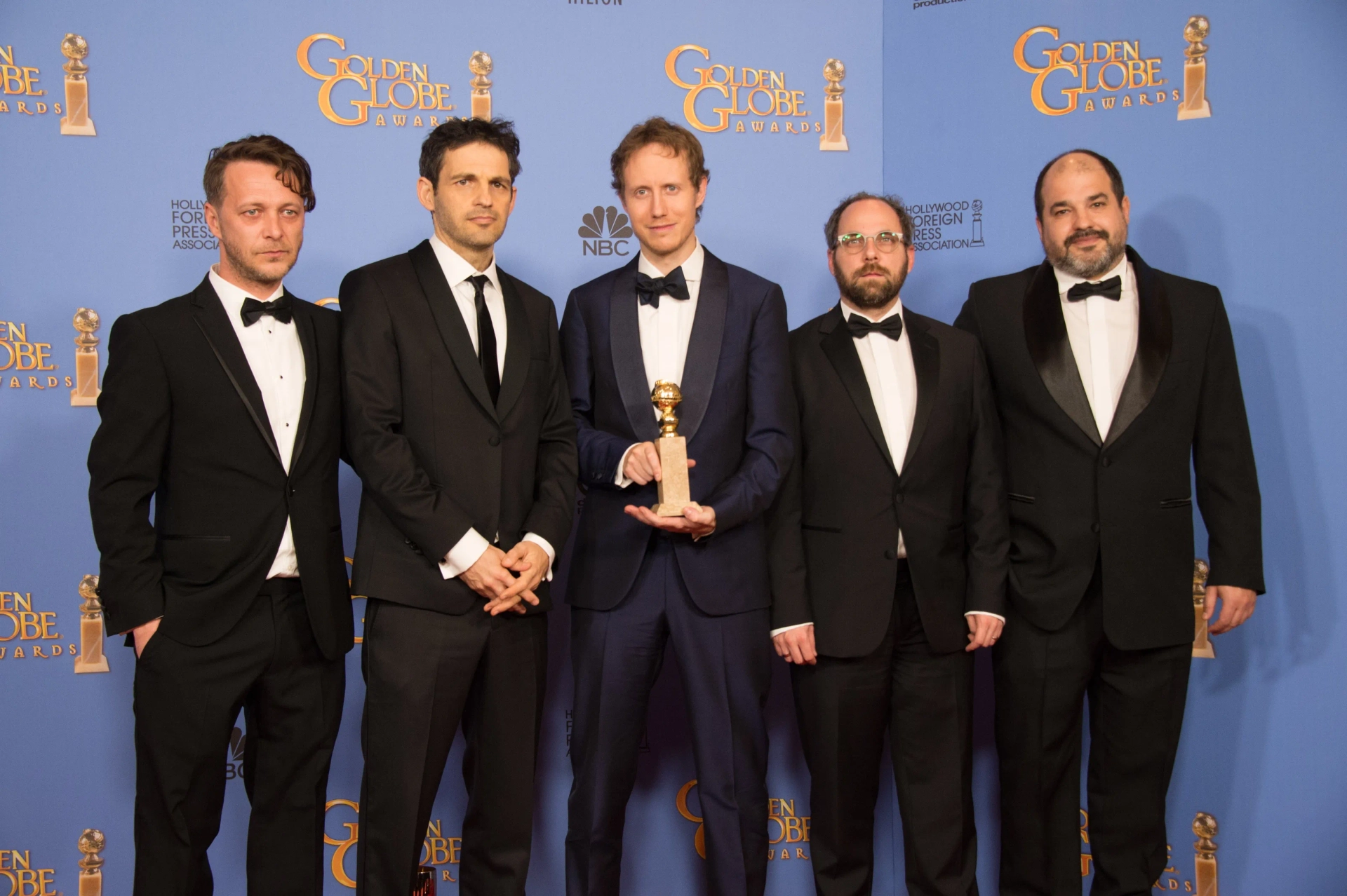 Gábor Rajna, Gábor Sipos, László Nemes, Géza Röhrig, and Levente Molnár at an event for Son of Saul (2015)