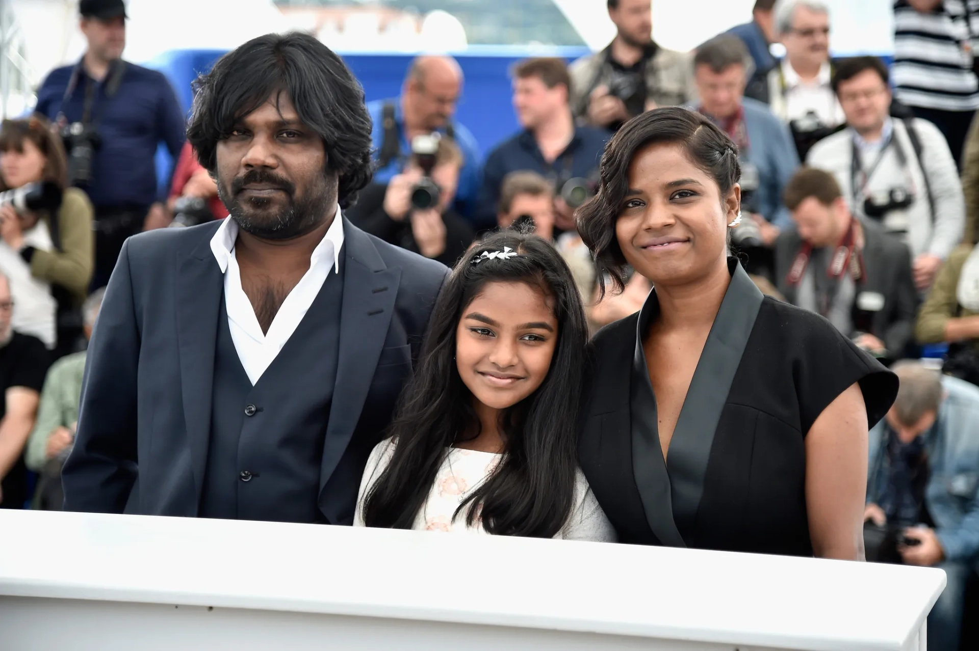 Jesuthasan Antonythasan, Kalieaswari Srinivasan, and Claudine Vinasithamby at an event for Dheepan (2015)