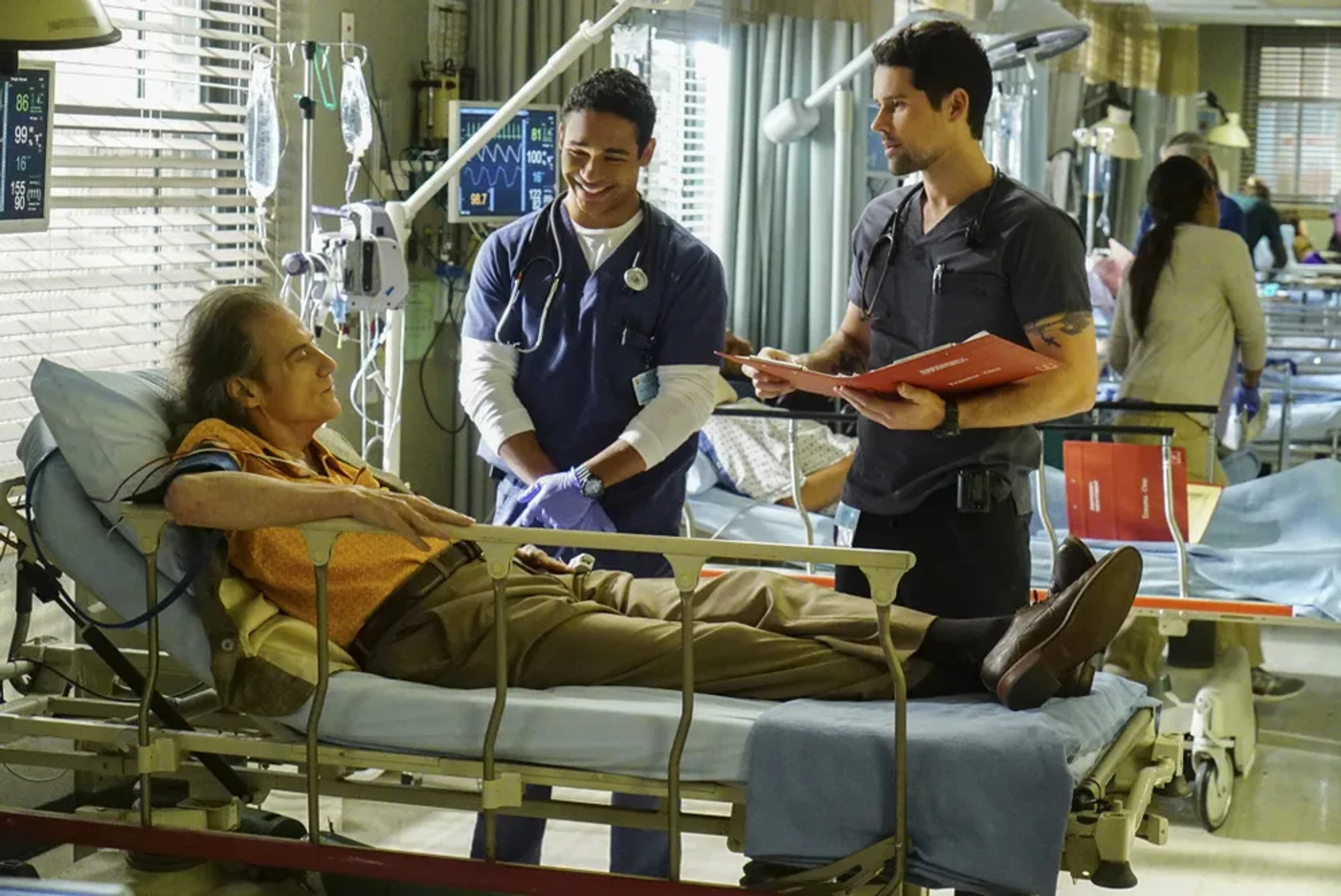 Benjamin Hollingsworth, Noah Gray-Carey and Richard Lewis on set of Code Black for CBS