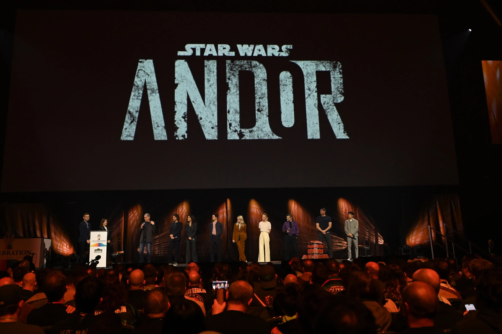 Kathleen Kennedy, Tony Gilroy, Diego Luna, Genevieve O'Reilly, Andy Serkis, Denise Gough, Kyle Soller, Adria Arjona, and Ali Plumb at an event for Andor (2022)