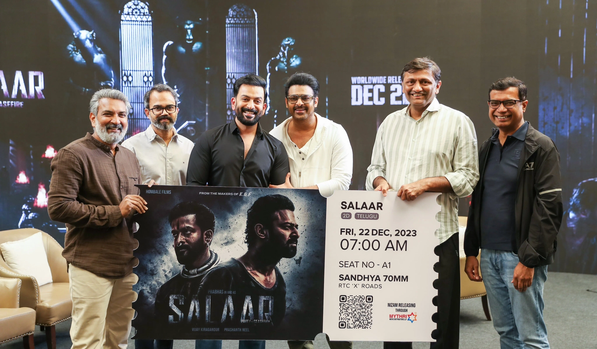 Prithviraj Sukumaran, S.S. Rajamouli, Prabhas, and Prashanth Neel at an event for Salaar (2023)