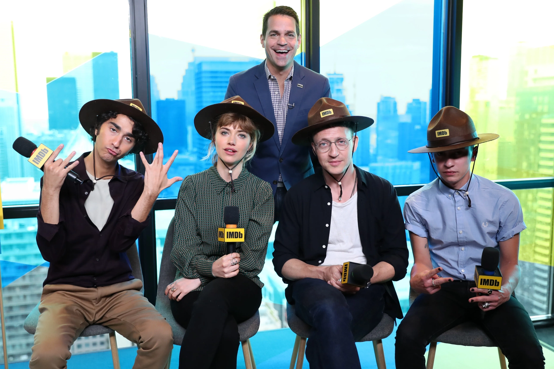 Keir Gilchrist, Joey Klein, Imogen Poots, Alex Wolff, and Dave Karger at an event for Castle in the Ground (2019)