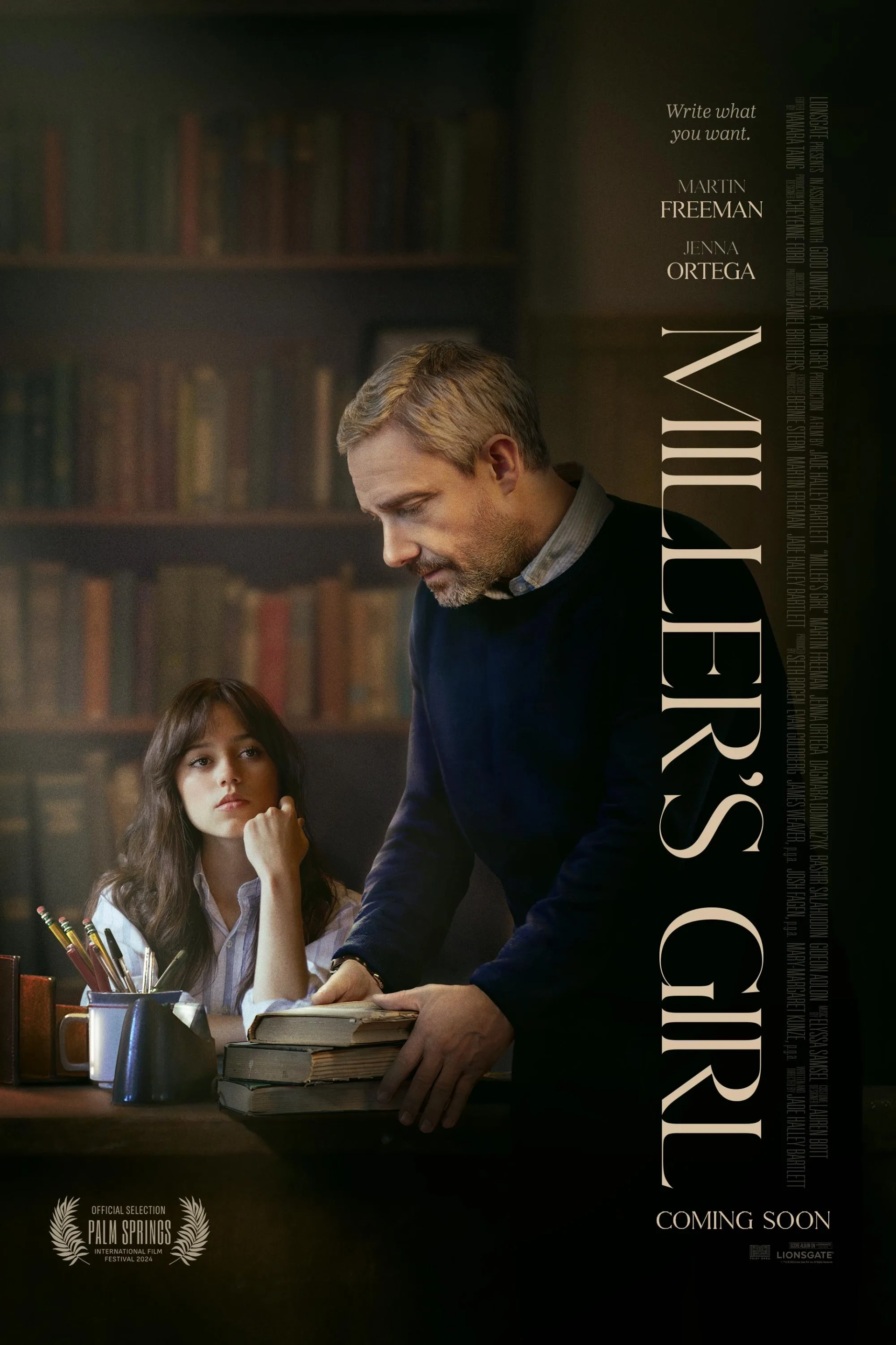 Martin Freeman and Jenna Ortega in Miller's Girl (2024)