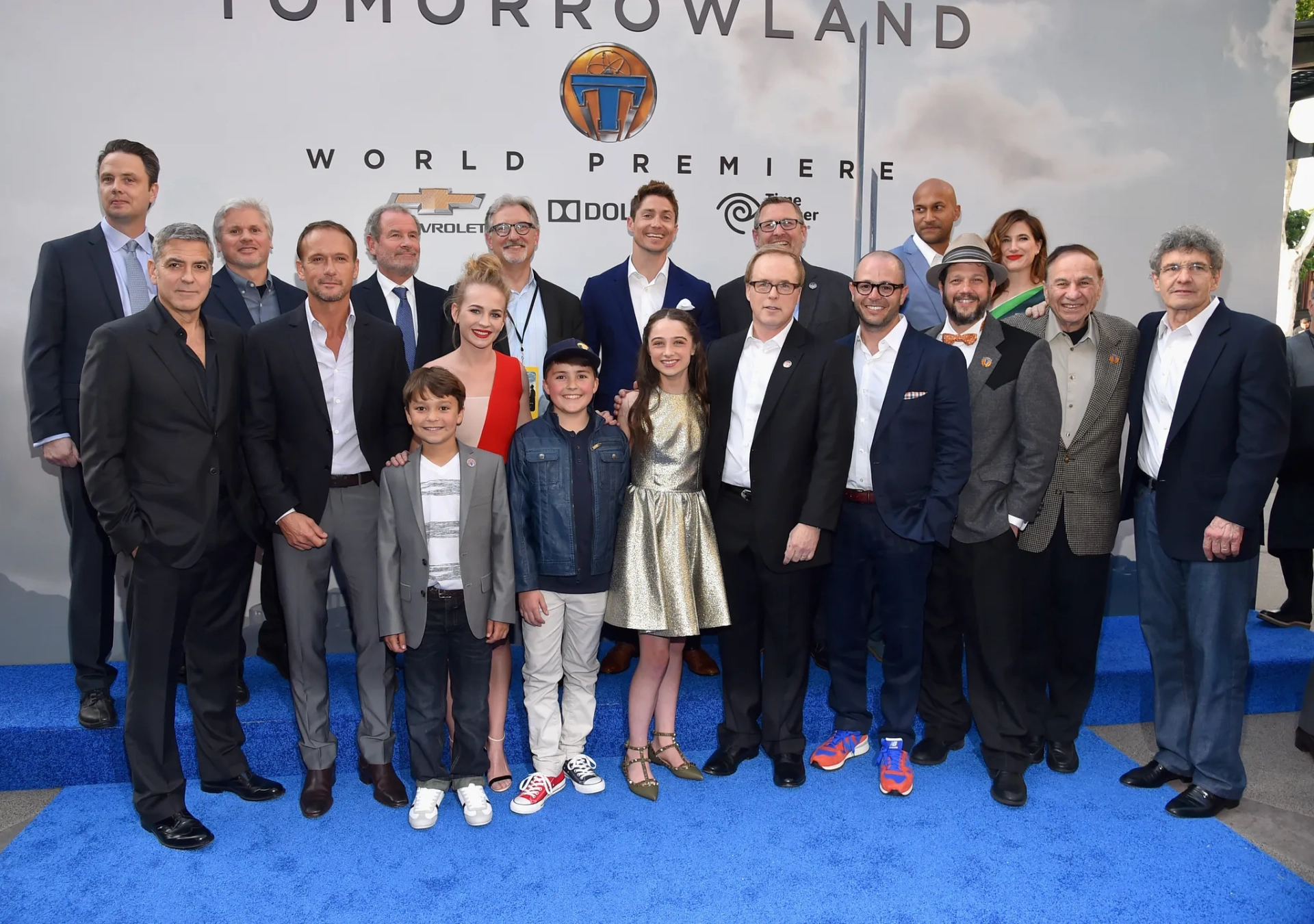 George Clooney, Tim McGraw, Brad Bird, Jeffrey Chernov, Michael Giacchino, Alan F. Horn, Damon Lindelof, John Walker, Kathryn Hahn, Keegan-Michael Key, Britt Robertson, Thomas Robinson, Brigham Taylor, Jeff Jensen, Pierce Gagnon, and Raffey Cassidy at an event for Tomorrowland (2015)