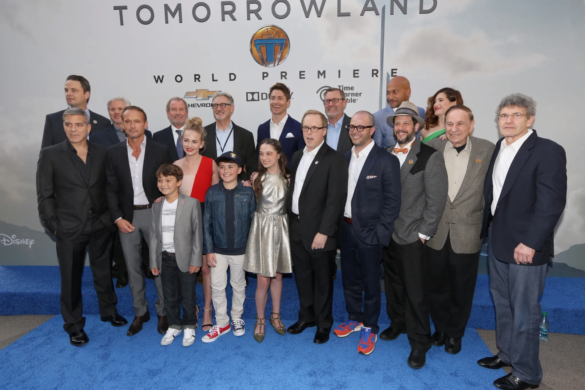 George Clooney, Tim McGraw, Brad Bird, Jeffrey Chernov, Michael Giacchino, Alan F. Horn, Damon Lindelof, John Walker, Kathryn Hahn, Keegan-Michael Key, Britt Robertson, Thomas Robinson, Brigham Taylor, Jeff Jensen, Pierce Gagnon, and Raffey Cassidy at an event for Tomorrowland (2015)