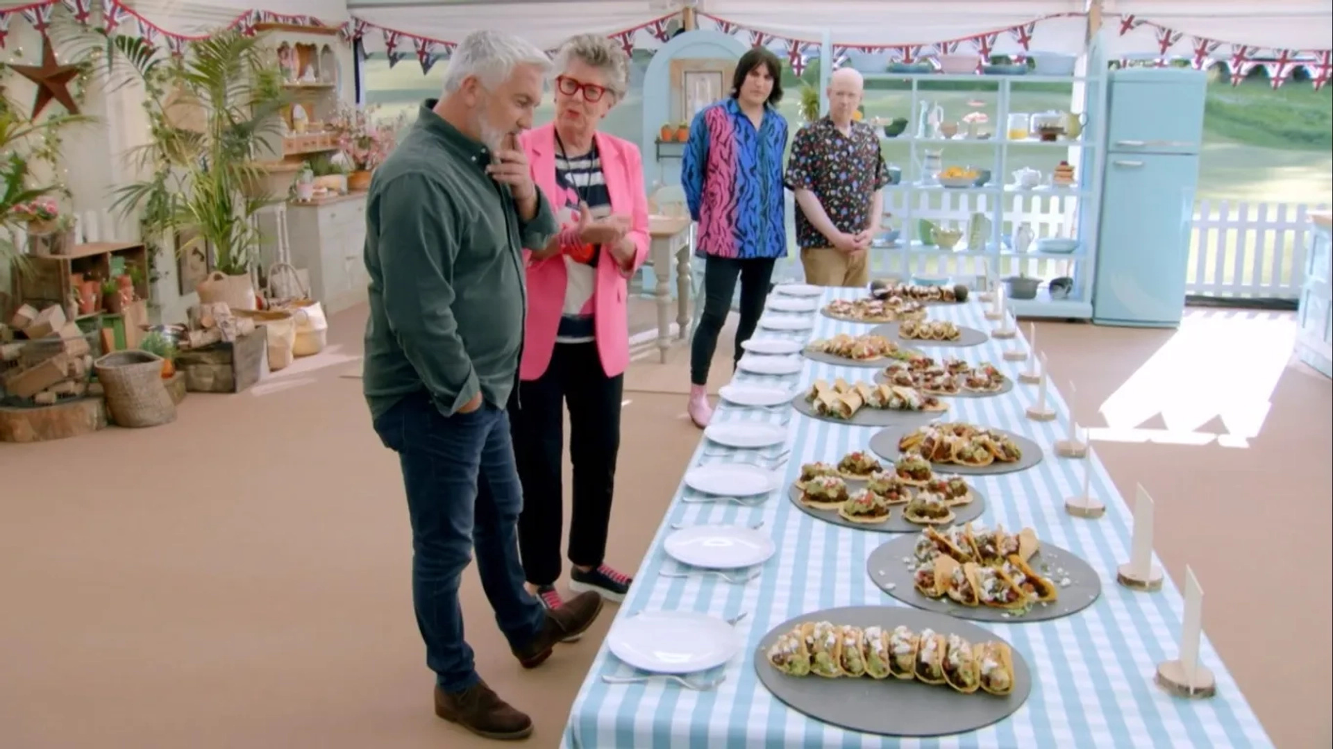 Noel Fielding, Matt Lucas, Prue Leith, and Paul Hollywood in The Great British Baking Show (2010)