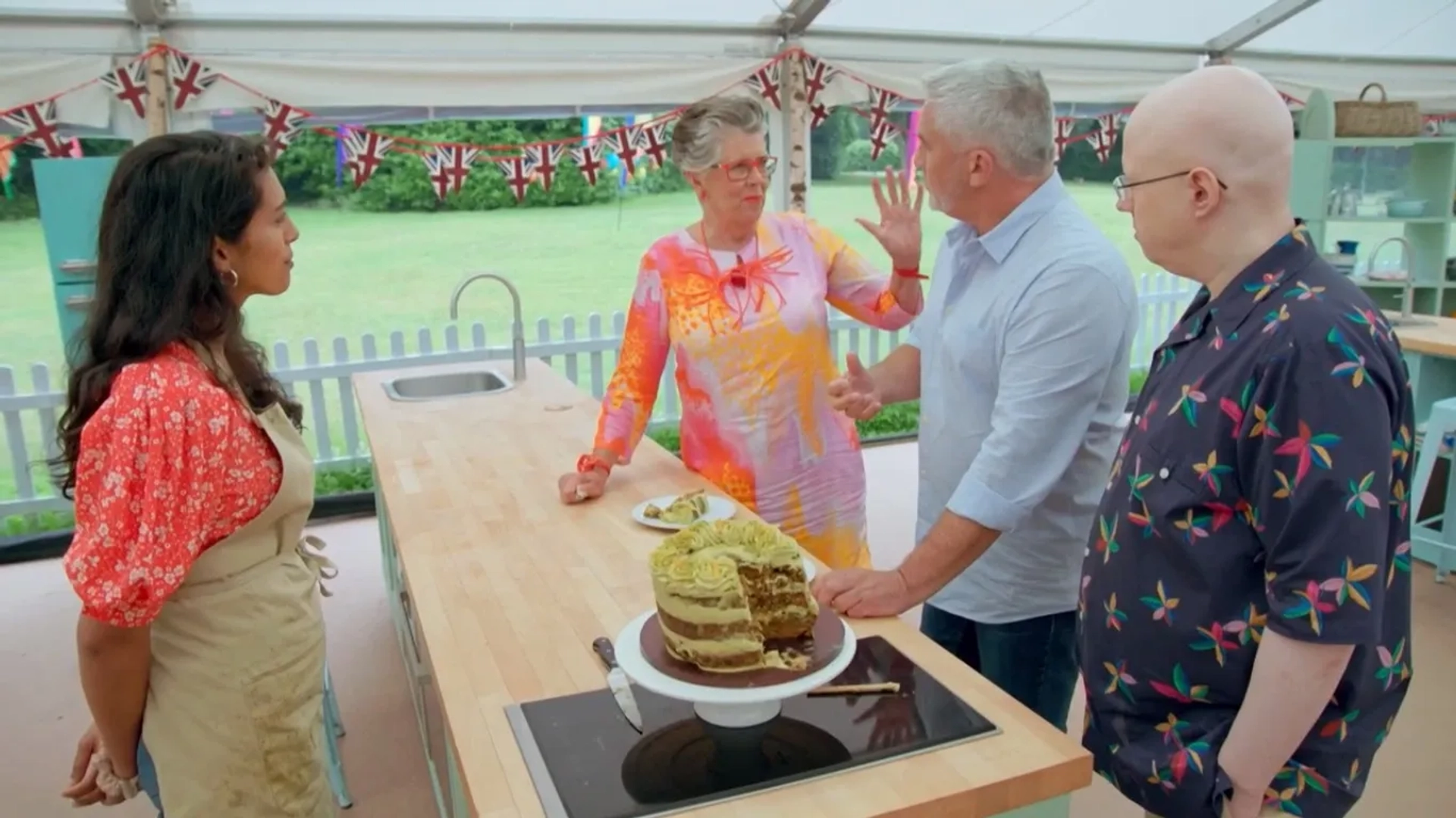 Matt Lucas, Crystelle Pereira, Prue Leith, and Paul Hollywood in The Great British Baking Show: The Final (2021)