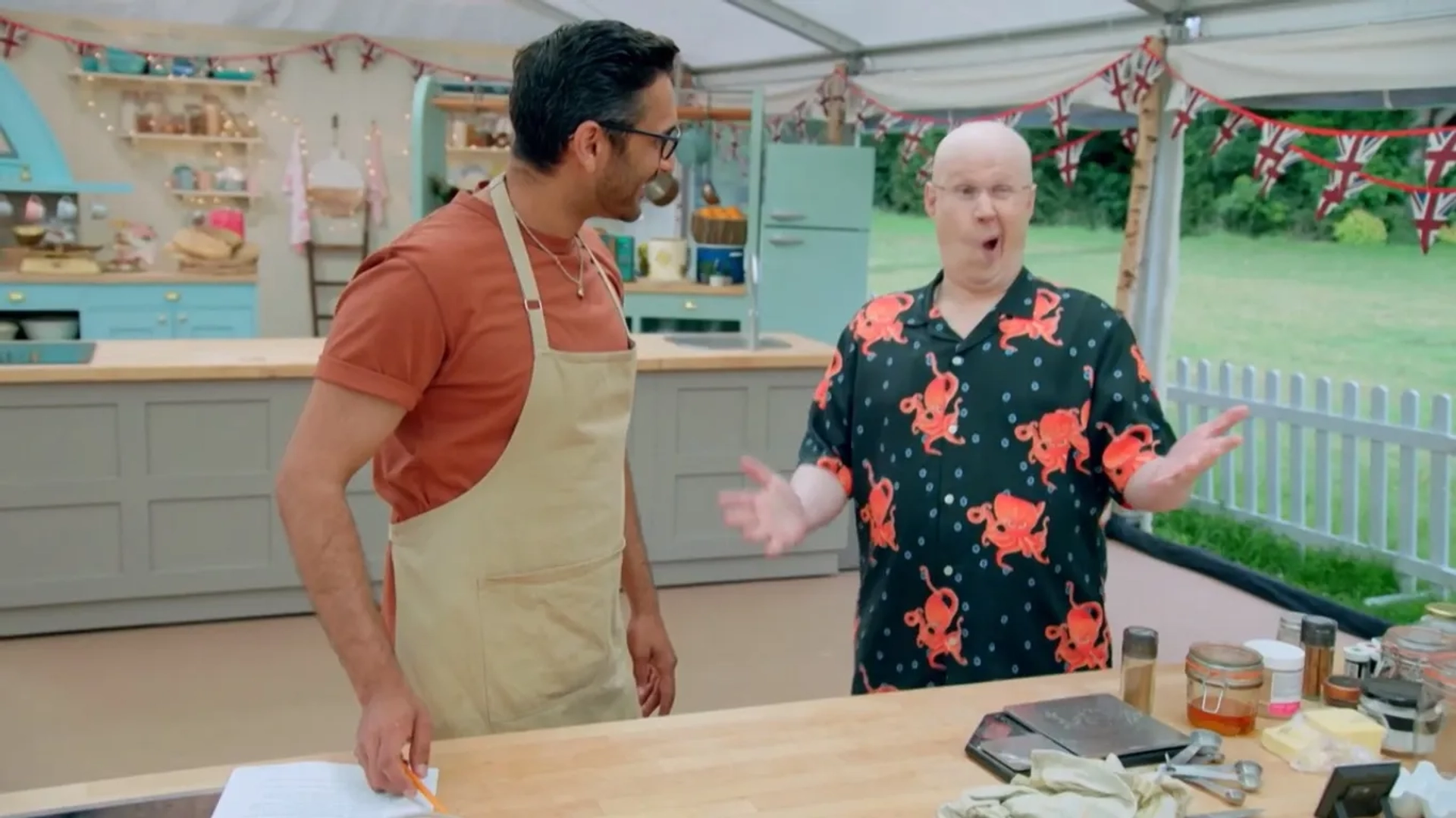 Matt Lucas and Chigs Parmar in The Great British Baking Show: Patisserie Week (2021)