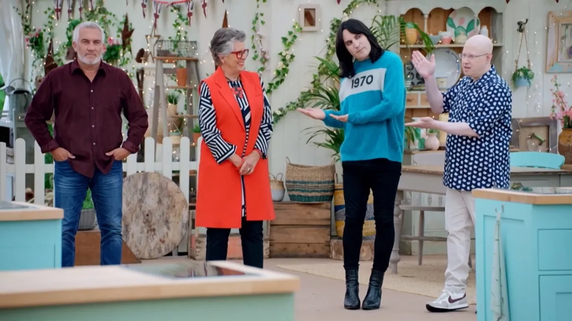 Noel Fielding, Matt Lucas, Prue Leith, and Paul Hollywood in The Great British Baking Show: Free-From Week (2021)