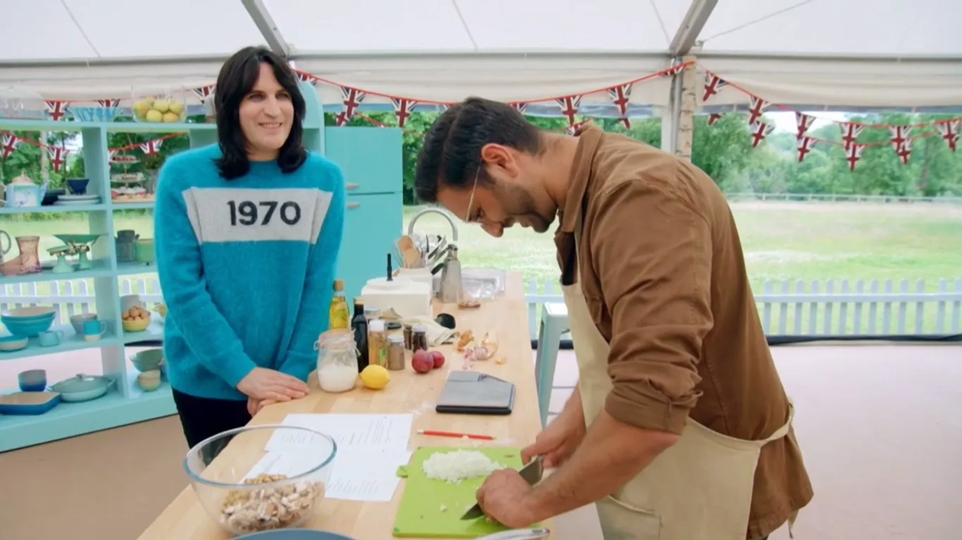 Noel Fielding and Chigs Parmar in The Great British Baking Show: Free-From Week (2021)