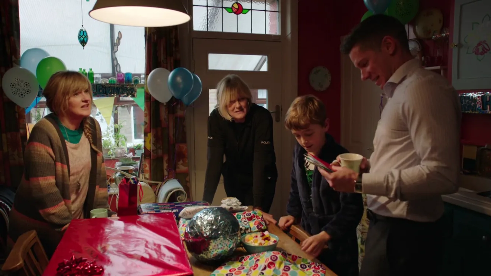 Karl Davies, Siobhan Finneran, Sarah Lancashire, and Rhys Connah in Happy Valley (2014)