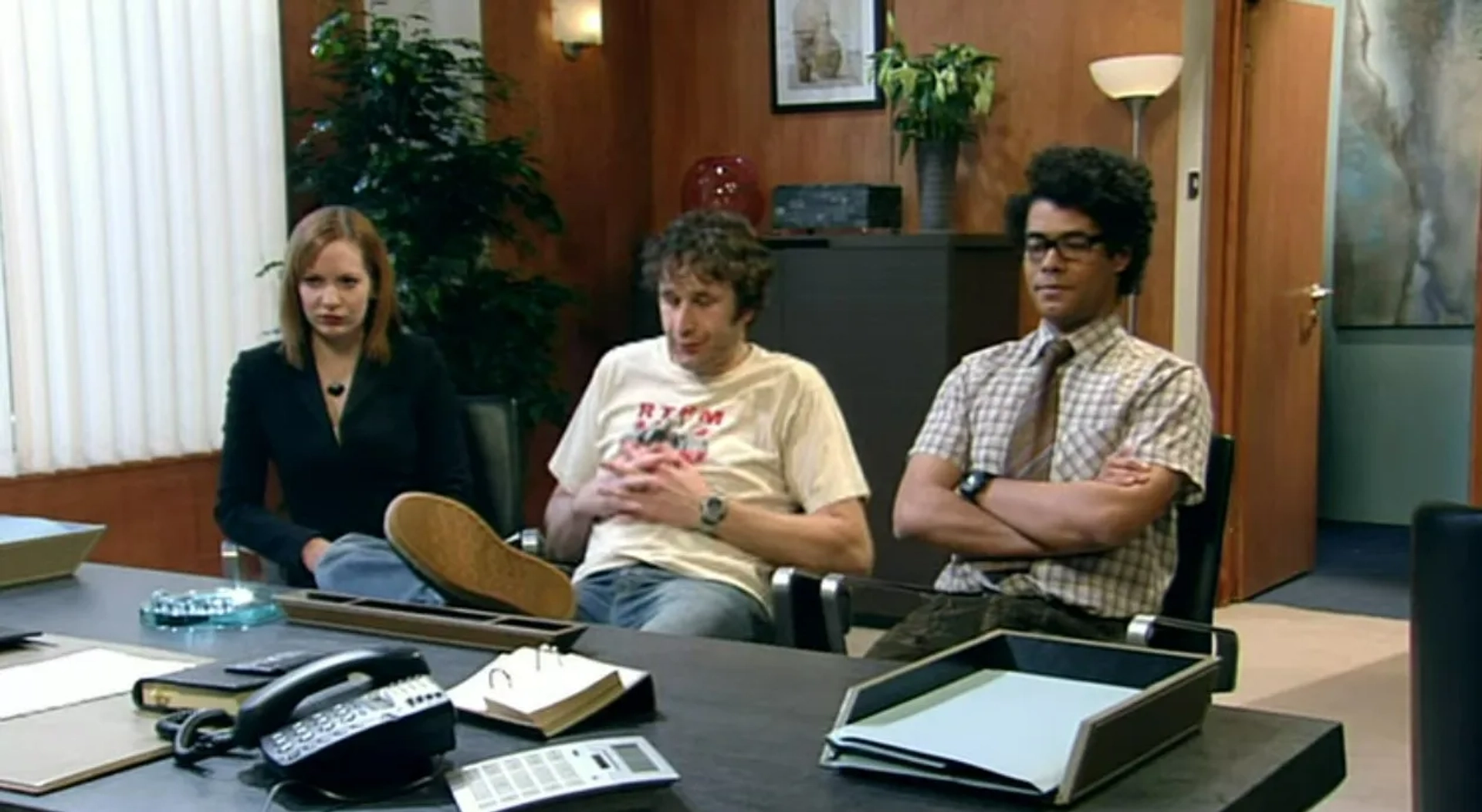 Chris O'Dowd, Richard Ayoade, and Katherine Parkinson in The IT Crowd (2006)