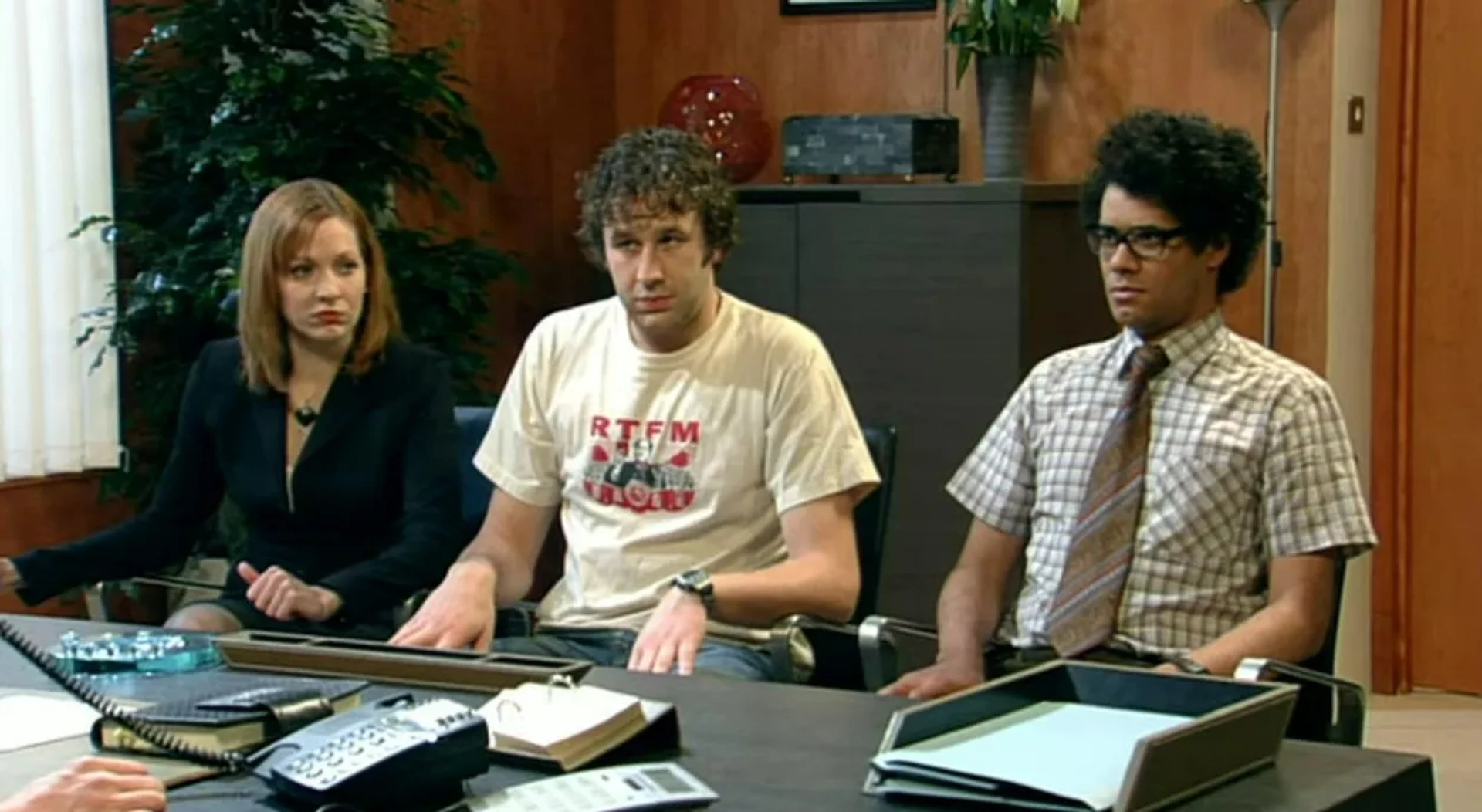 Chris O'Dowd, Richard Ayoade, and Katherine Parkinson in The IT Crowd (2006)