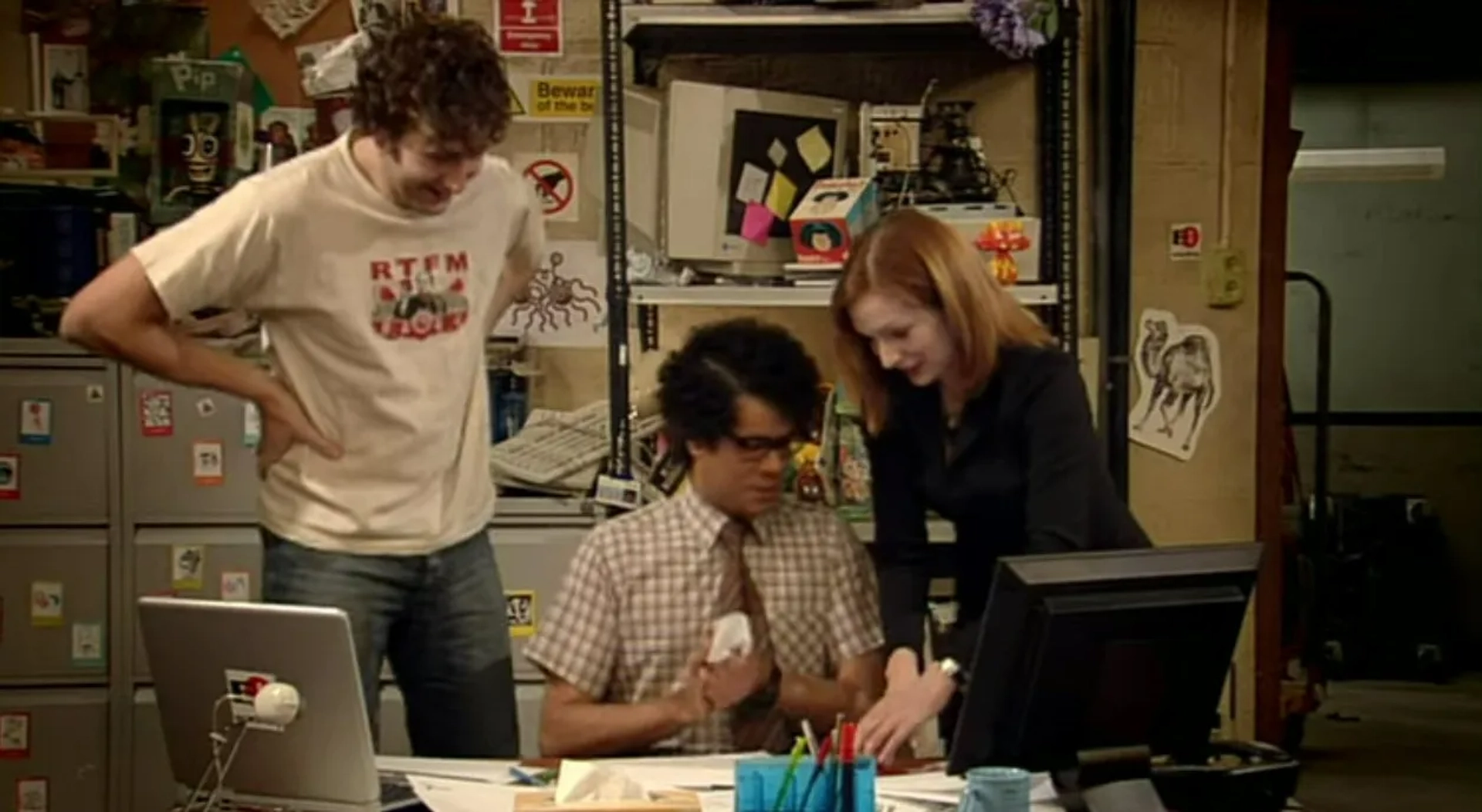 Chris O'Dowd, Richard Ayoade, and Katherine Parkinson in The IT Crowd (2006)