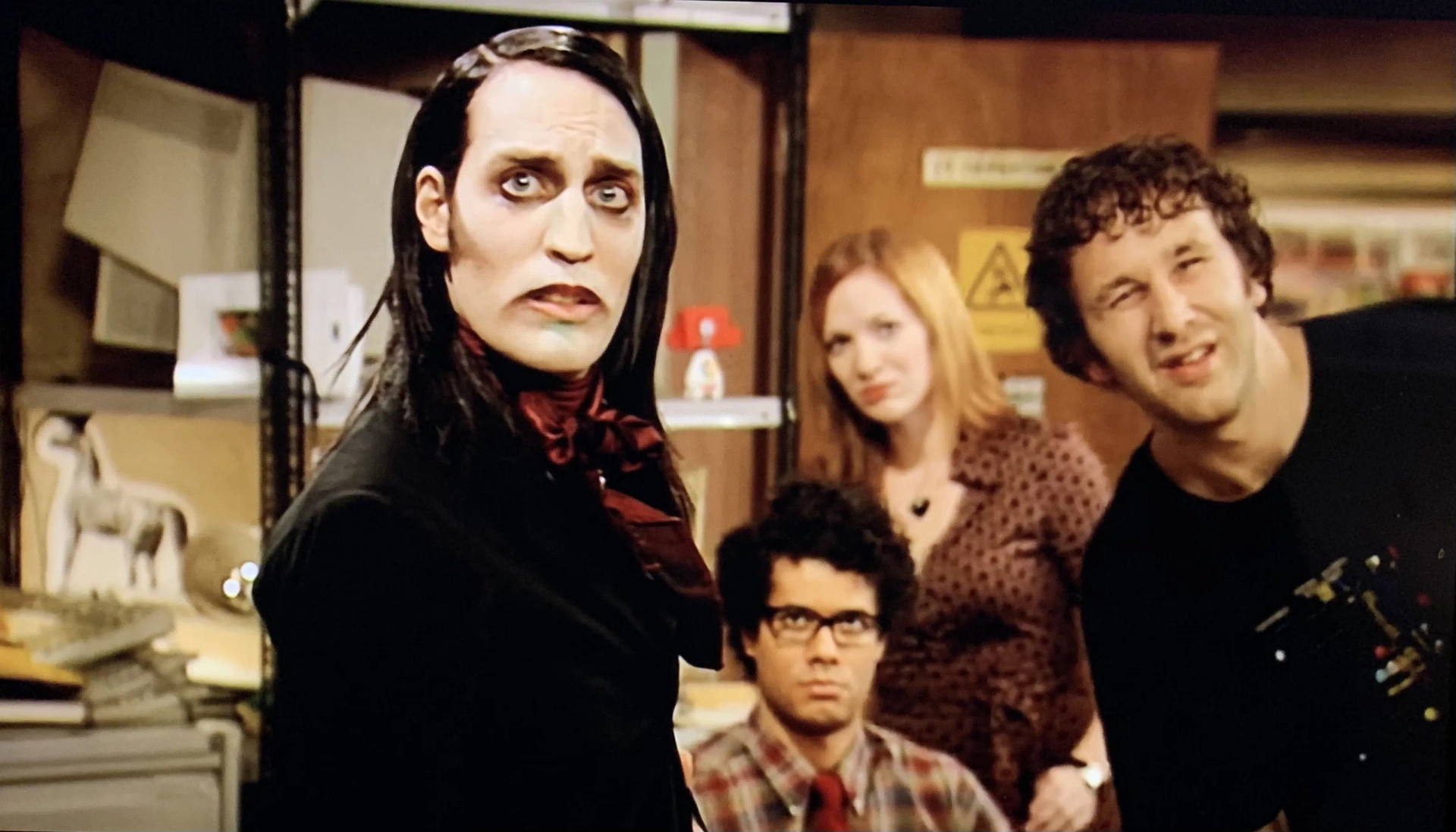 Noel Fielding, Chris O'Dowd, Richard Ayoade, and Katherine Parkinson in The IT Crowd (2006)