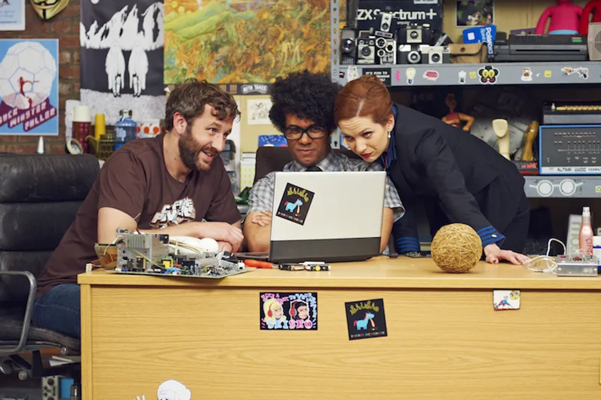 Chris O'Dowd, Richard Ayoade, and Katherine Parkinson in The IT Crowd (2006)