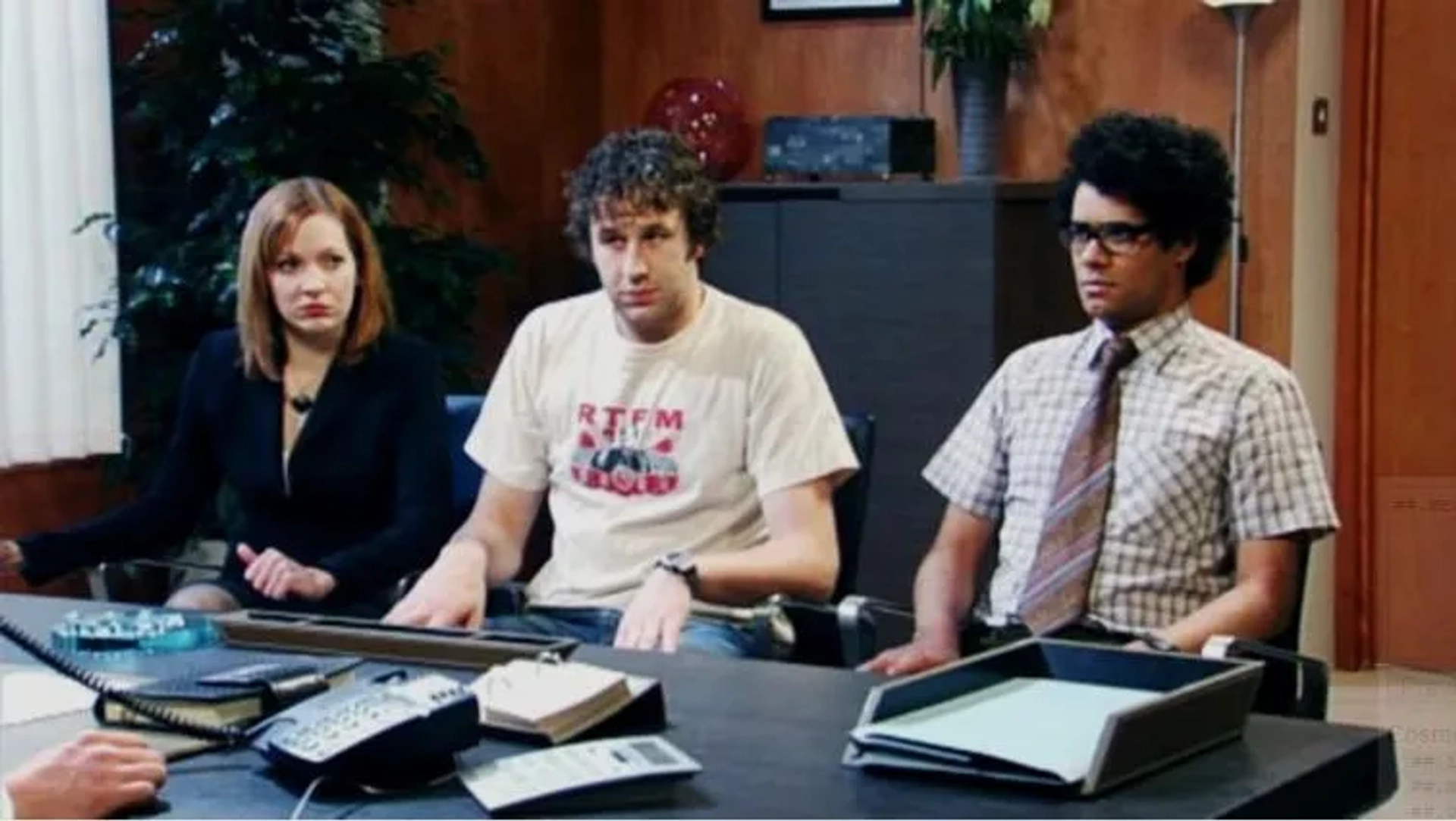 Chris O'Dowd, Richard Ayoade, and Katherine Parkinson in The IT Crowd (2006)