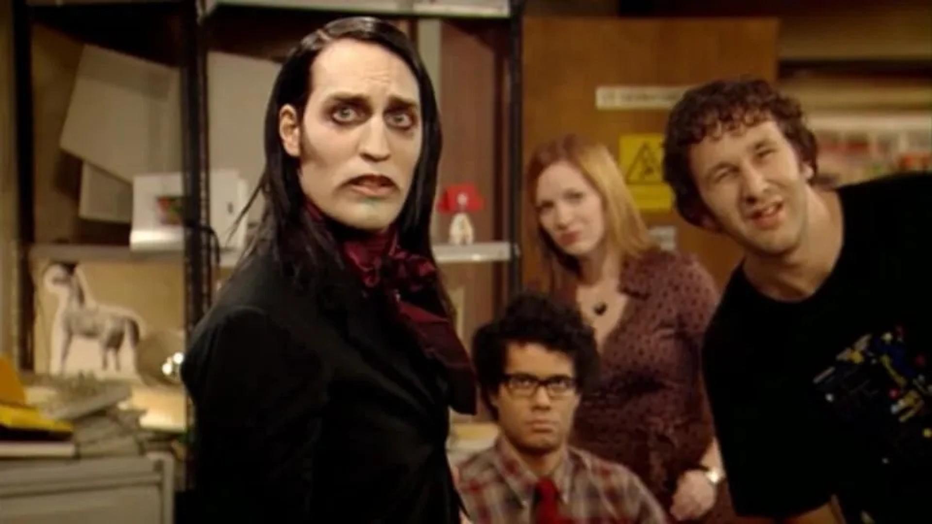 Noel Fielding, Chris O'Dowd, Richard Ayoade, and Katherine Parkinson in The IT Crowd (2006)