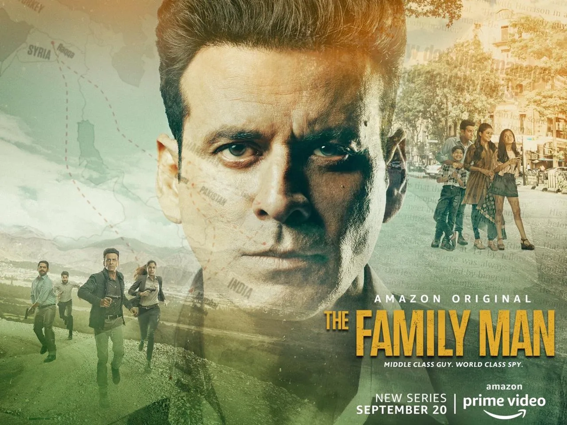 Manoj Bajpayee, Ashlesha Thakur, Vedant Sinha, Priyamani, Sharib Hashmi, and Shreya Dhanwanthary in The Family Man (2019)